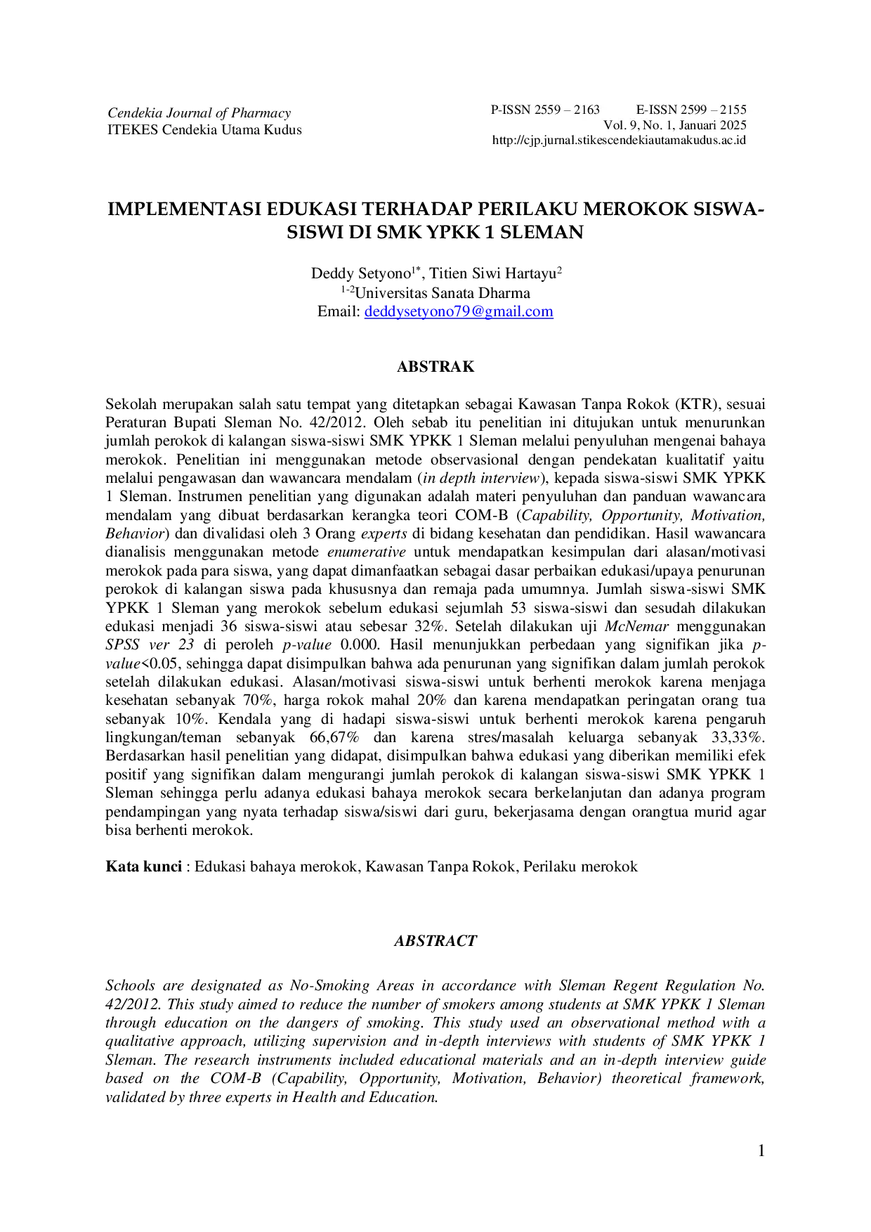 JURIS Implementasi Edukasi Terhadap Perilaku Merokok Siswa Siswi Di Smk Ypkk 1 Sleman
