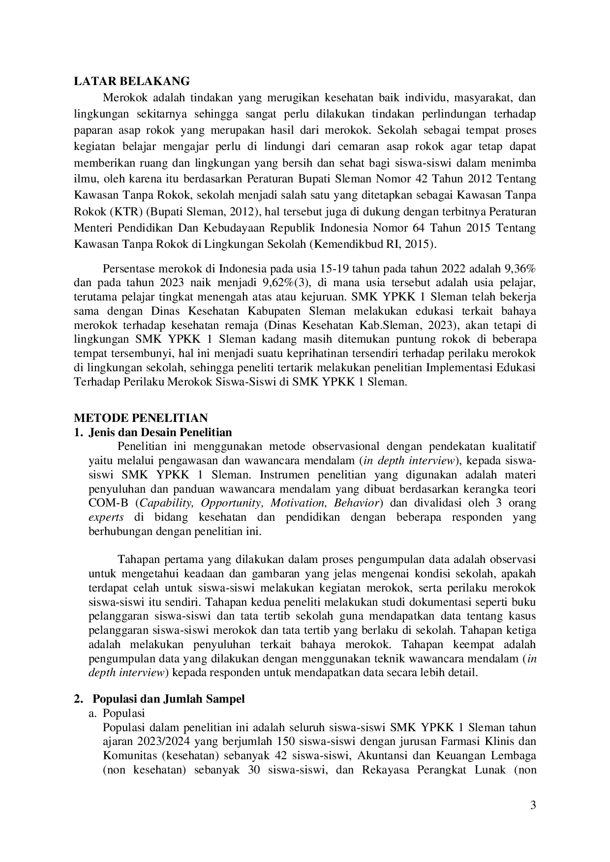 JURIS Implementasi Edukasi Terhadap Perilaku Merokok Siswa Siswi Di Smk Ypkk 1 Sleman