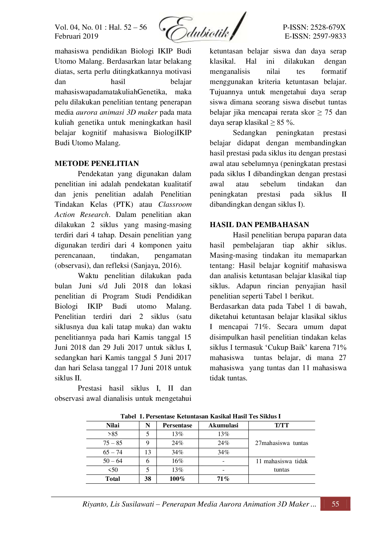 JURIS Penerapan Media Aurora Animasi 3d Maker Untuk Meningkatkan Hasil Belajar Kognitif Mahasiswa Biologi IKIP Budi Utomo Malang