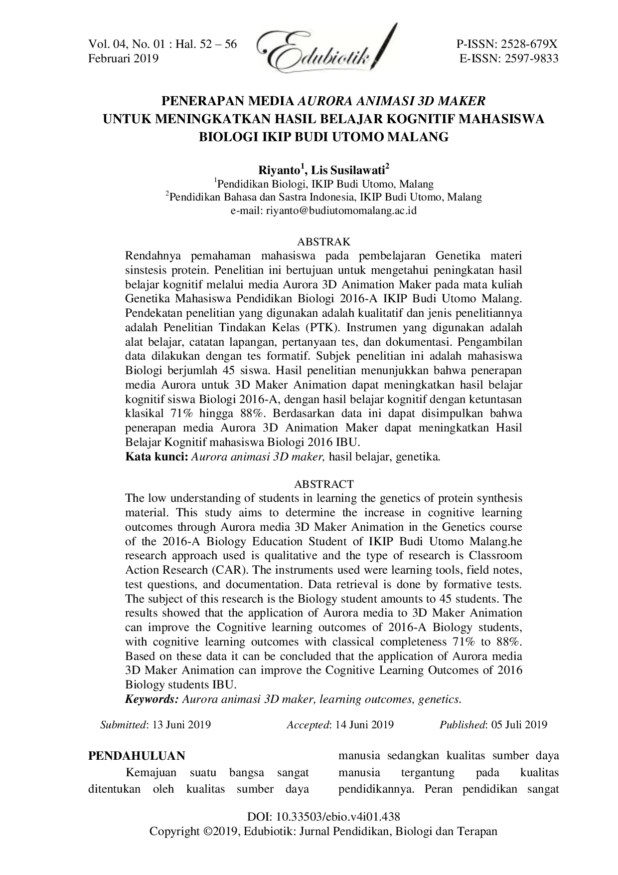 JURIS Penerapan Media Aurora Animasi 3d Maker Untuk Meningkatkan Hasil Belajar Kognitif Mahasiswa Biologi IKIP Budi Utomo Malang