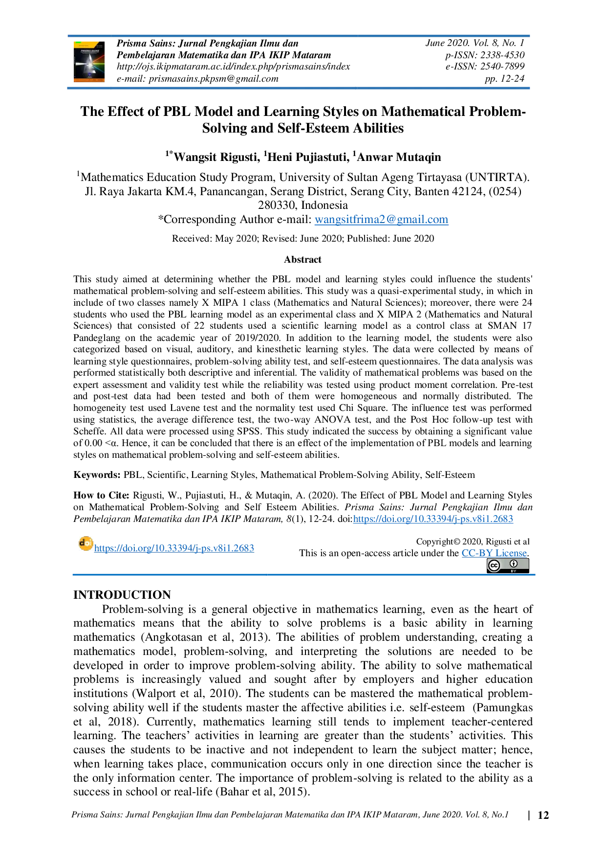 JURIS The Effect of PBL Model and Learning Styles on Mathematical Problem Solving and Self Esteem Abilities