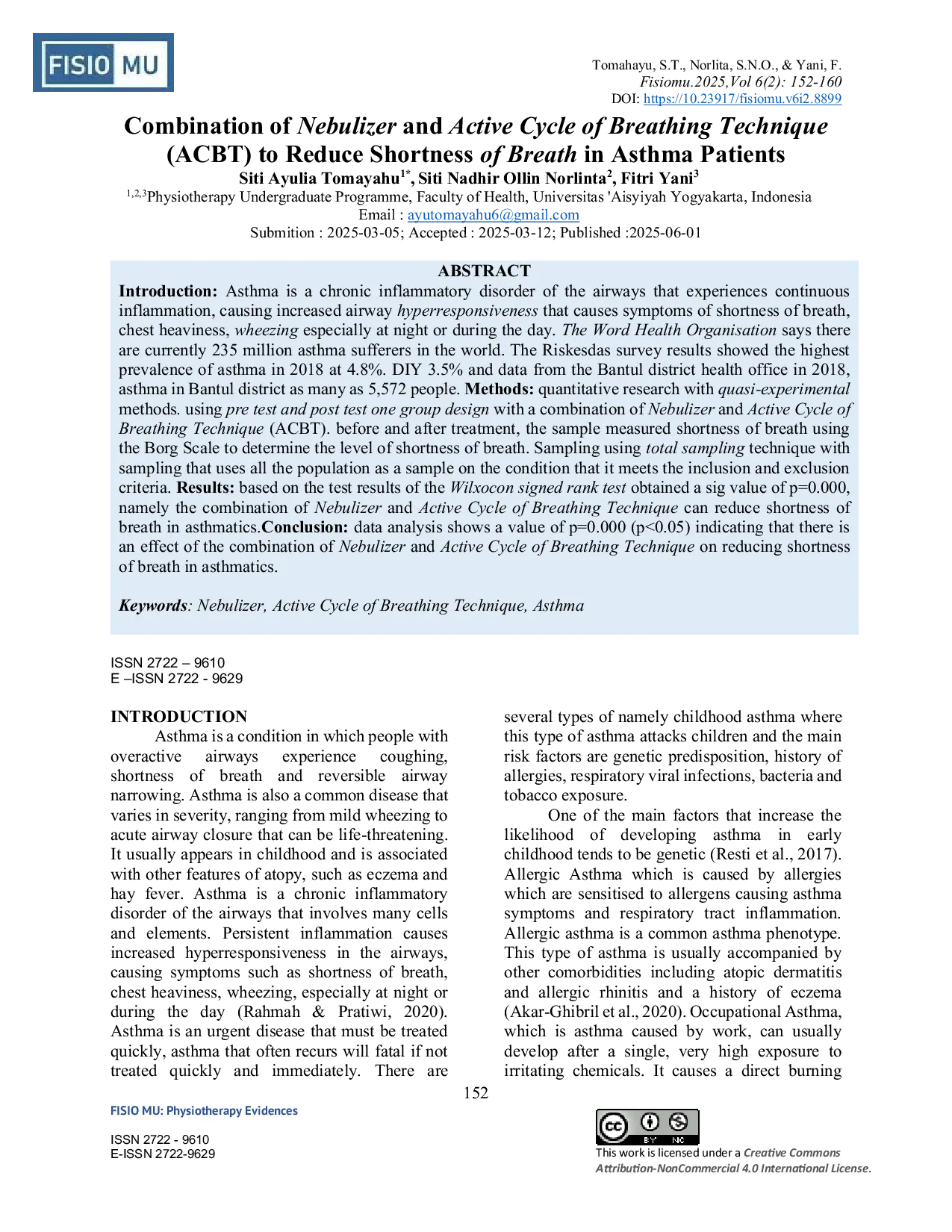 JURIS Combination of Nebulizer and Active Cycle of Breathing Technique ACBT to Reduce Shortness of Breath in Asthma Patients