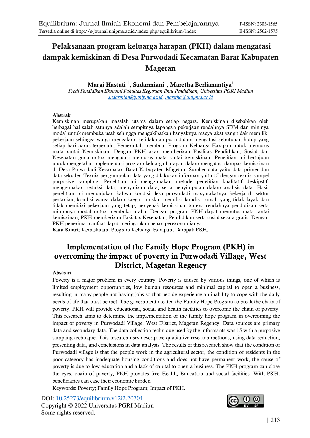 JURIS Pelaksanaan program keluarga harapan PKH dalam mengatasi dampak kemiskinan di Desa Purwodadi Kecamatan Barat Kabupaten Magetan