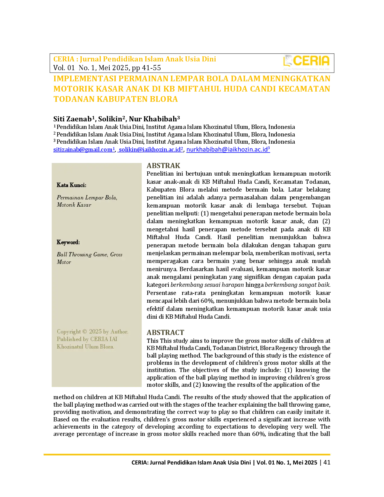 JURIS Implementasi Permainan Lempar Bola dalam Meningkatkan Motorik Kasar Anak di KB Miftahul Huda Candi Kecamatan Todanan Kabupaten Blora