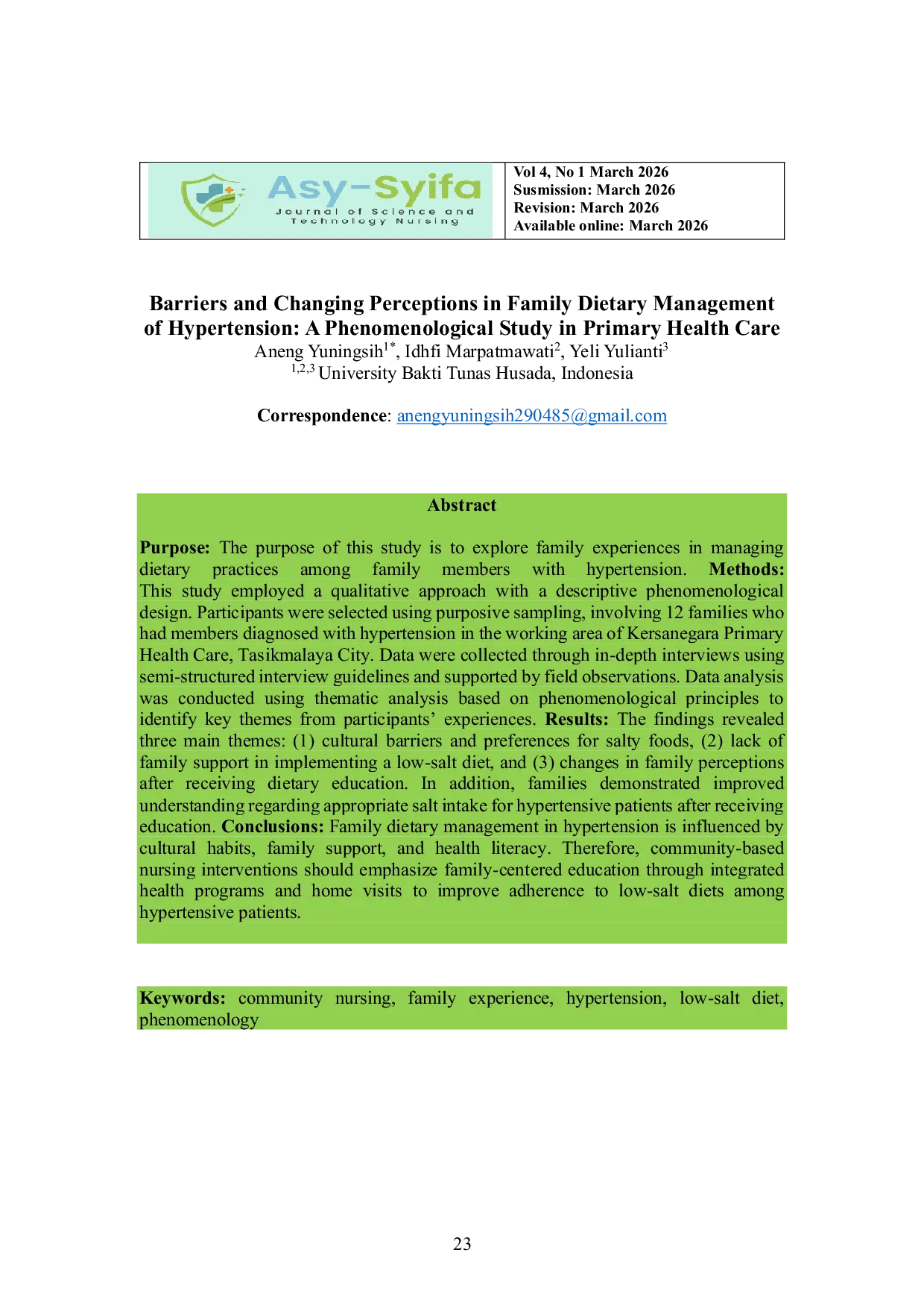 JURIS Barriers and Changing Perceptions in Family Dietary Management of Hypertension A Phenomenological Study in Primary Health Care