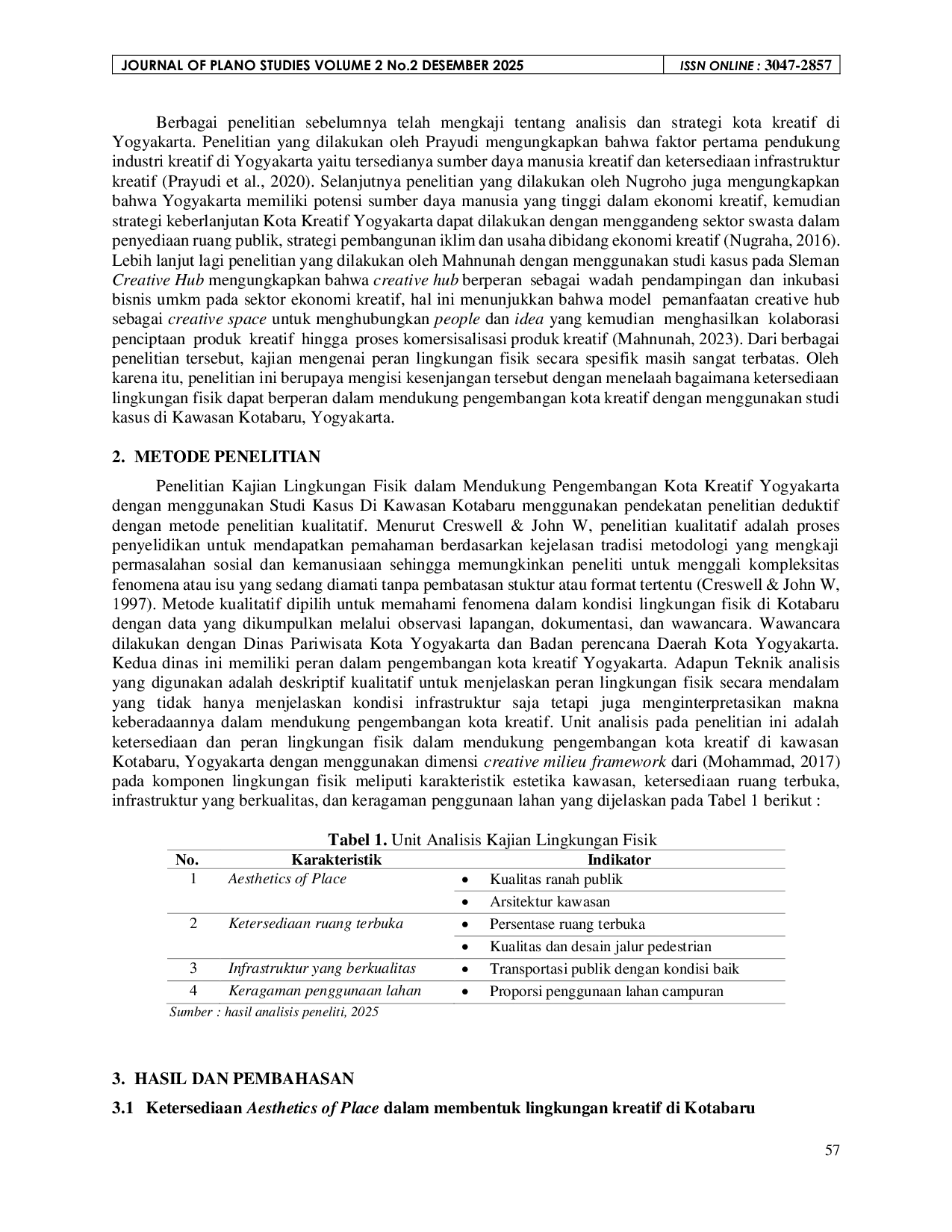 JURIS Kajian Lingkungan Fisik dalam Mendukung Pengembangan Kota Kreatif di Kotabaru Yogyakarta