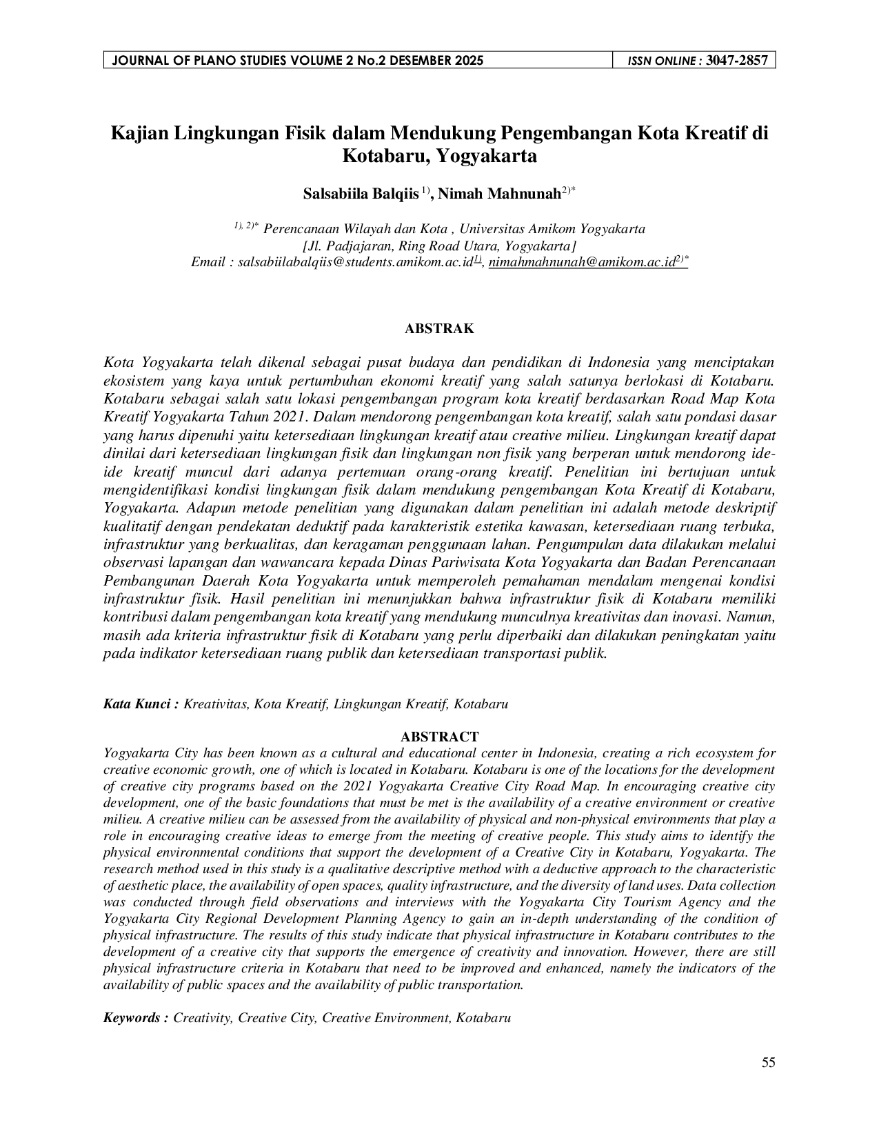 JURIS Kajian Lingkungan Fisik dalam Mendukung Pengembangan Kota Kreatif di Kotabaru Yogyakarta