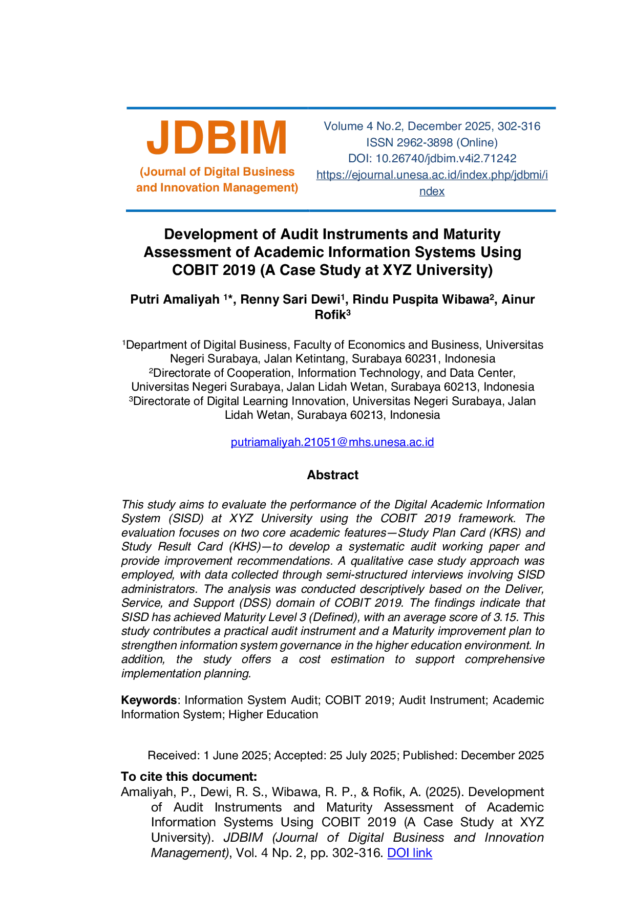 JURIS Development of Audit Instruments and Maturity Assessment of Academic Information Systems Using COBIT 2019 A Case Study at XYZ University