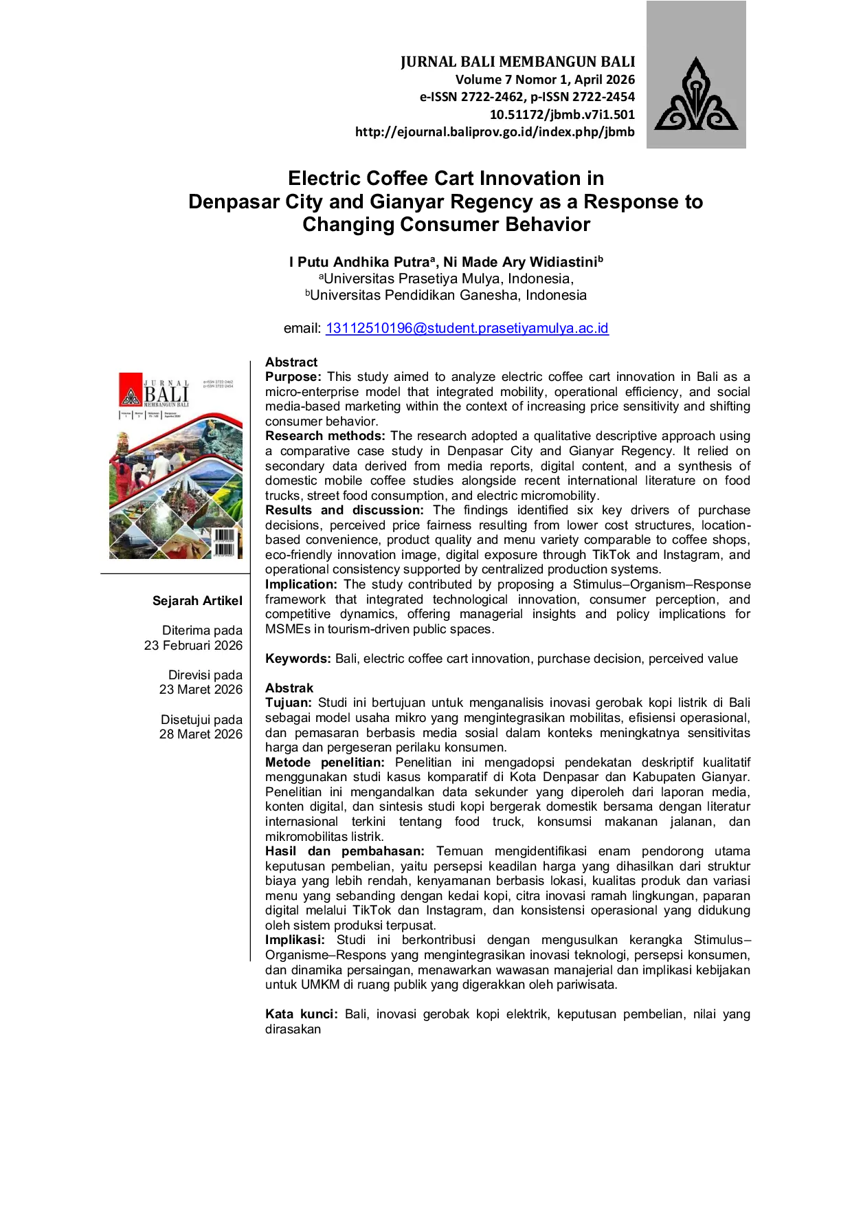 JURIS Electric Coffee Cart Innovation in Denpasar City and Gianyar Regency as a Response to Changing Consumer Behavior