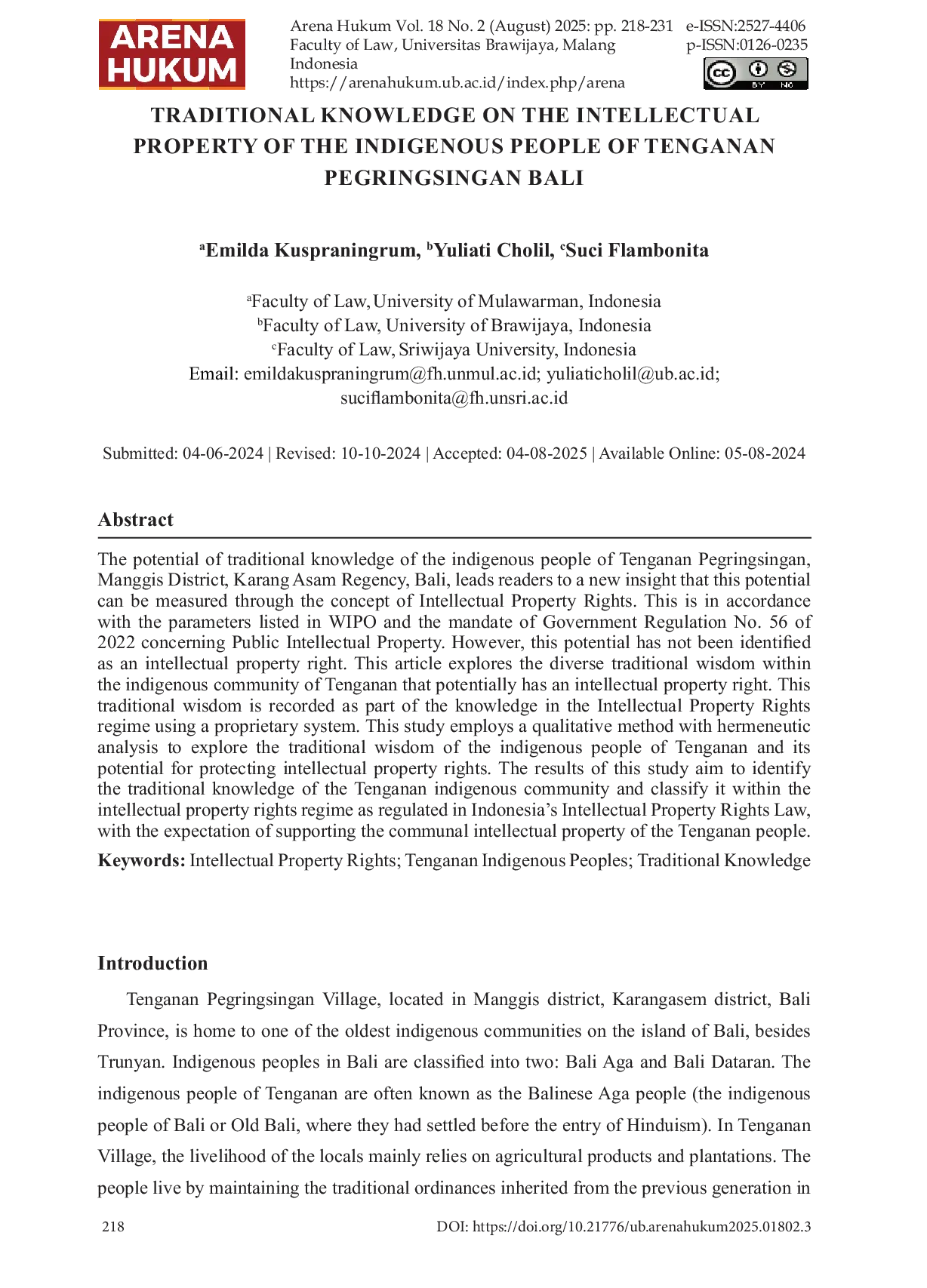 JURIS Traditional Knowledge on the Intellectual Property of the Indigenous People of Tenganan Pegringsingan Bali