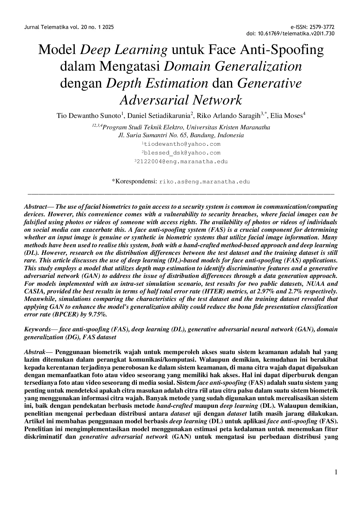 JURIS Deep Learning Model for Face Anti Spoofing in Overcoming Domain Generalisation with Depth Estimation and Generative Adversarial Network