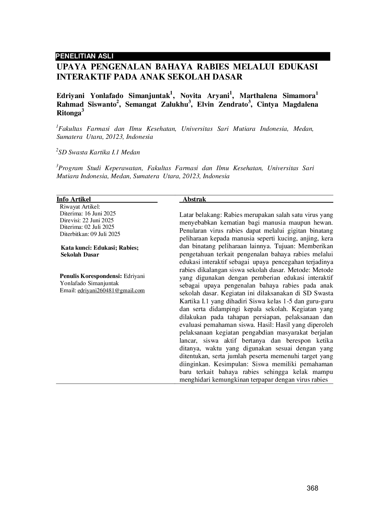 JURIS Upaya Pengenalan Bahaya Rabies Melalui Edukasi Interaktif Pada Anak Sekolah Dasar