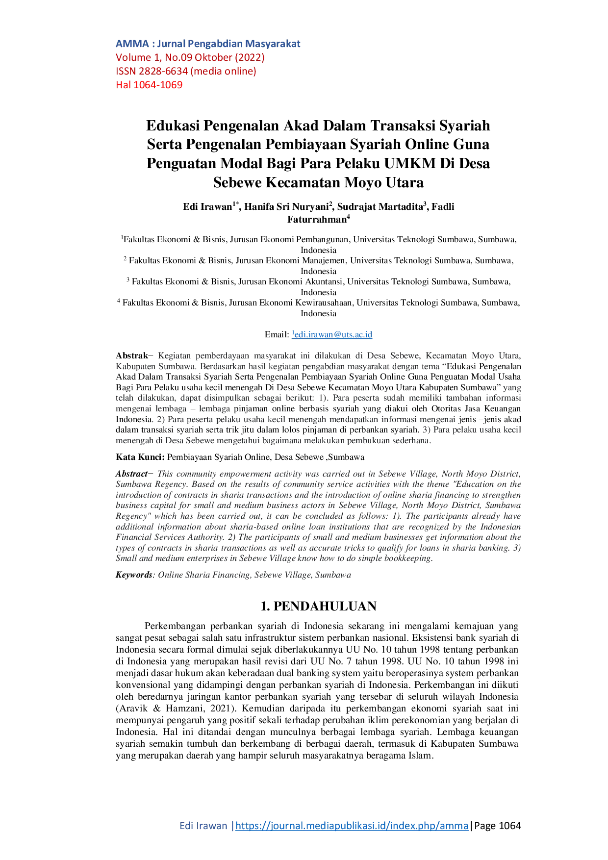 JURIS Edukasi Pengenalan Akad Dalam Transaksi Syariah Serta Pengenalan Pembiayaan Syariah Online Guna Penguatan Modal Bagi Para Pelaku UMKM Di Desa Sebewe Kecamatan Moyo Utara