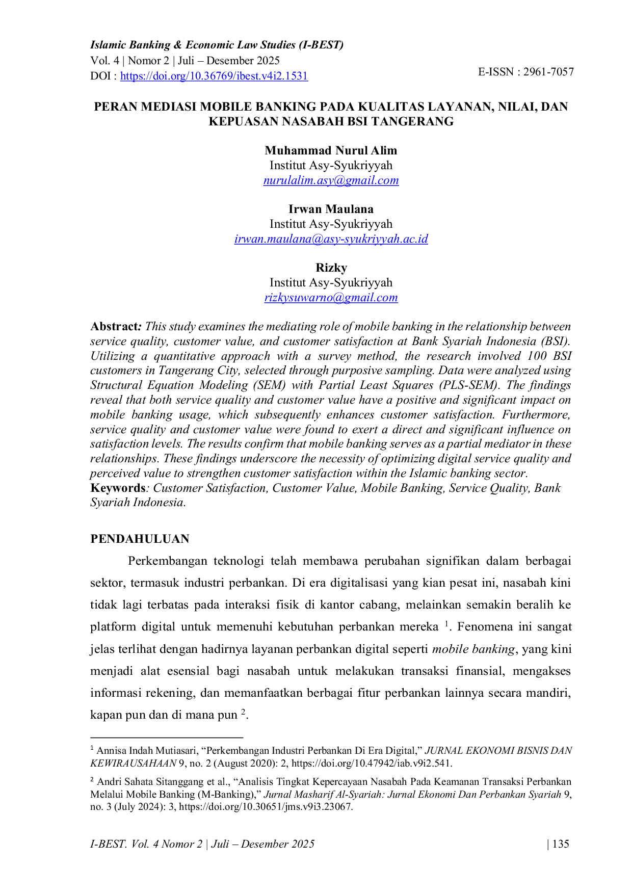 JURIS Peran Mediasi Mobile Banking Pada Kualitas Layanan Nilai dan Kepuasan Nasabah BSI Tangerang