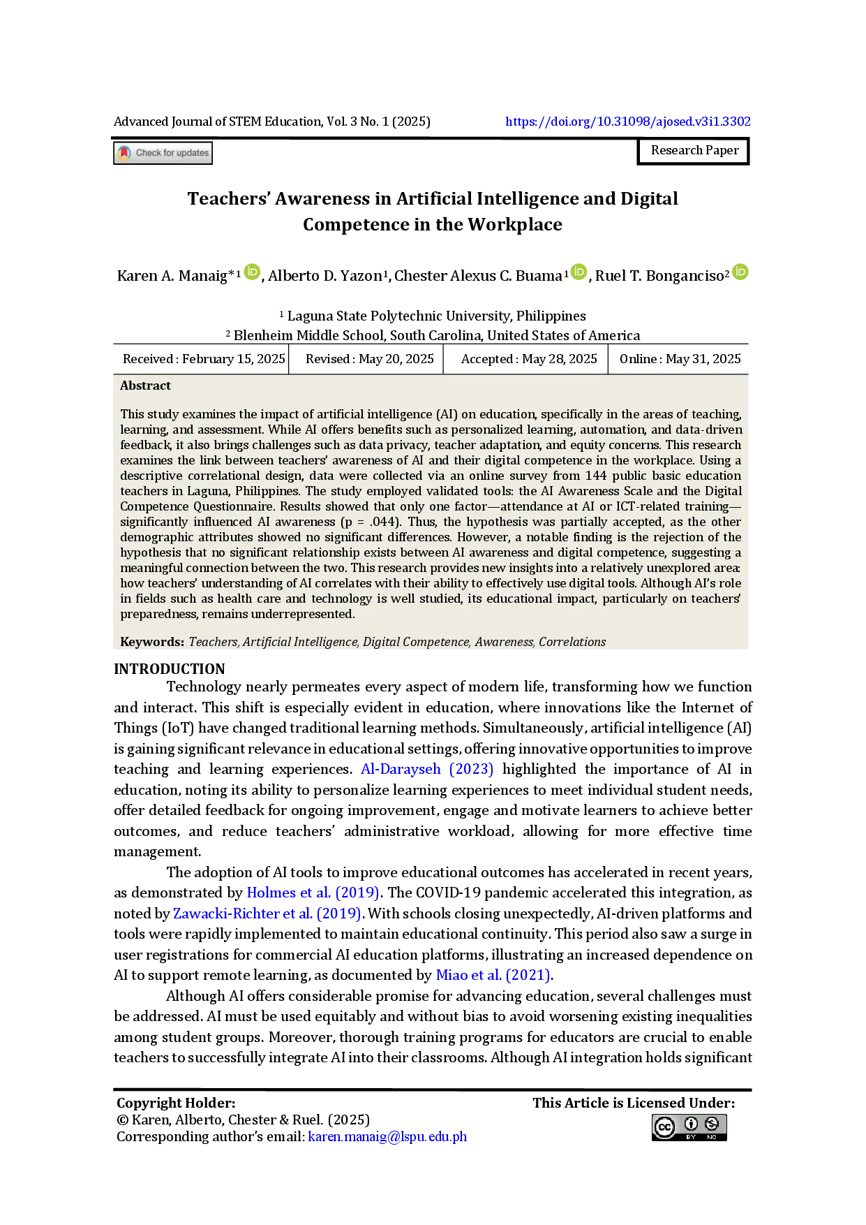 juris Teachers Awareness in Artificial Intelligence and Digital Competence in the Workplace