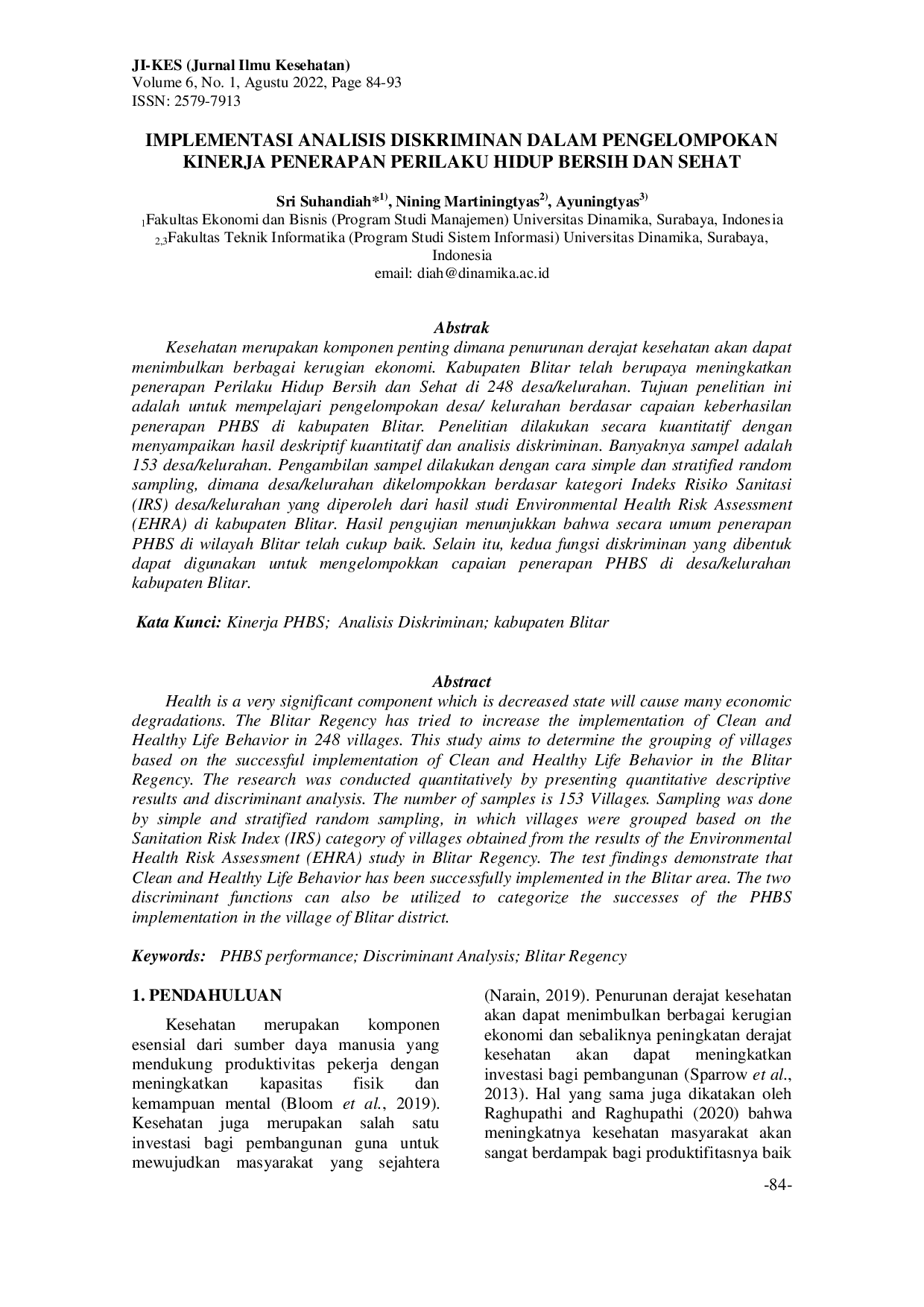 JURIS Implementasi Analisis Diskriminan dalam Pengelompokan Kinerja Penerapan Perilaku Hidup Bersih dan Sehat