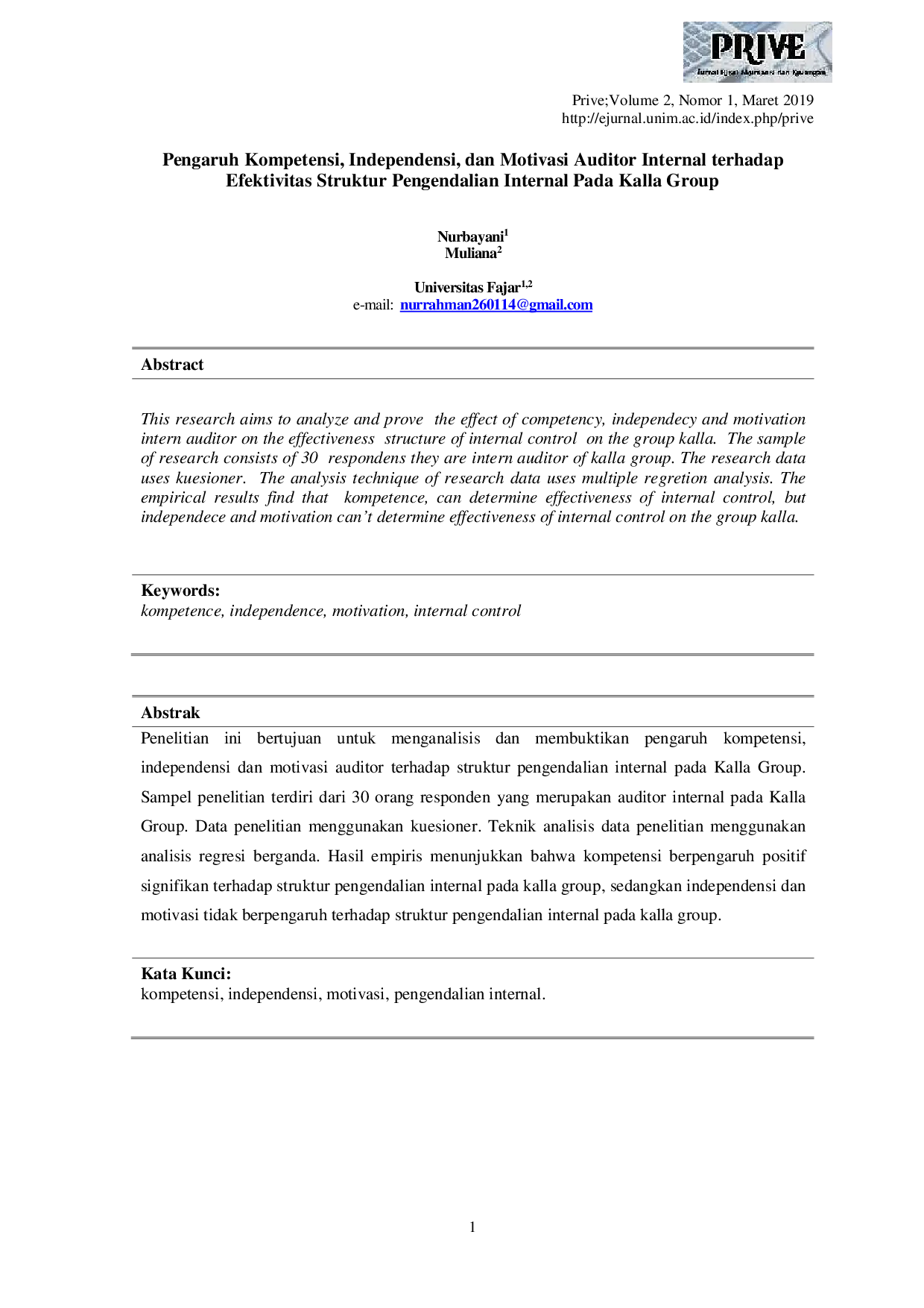 JURIS Pengaruh Kompetensi Independensi dan Motivasi Auditor Internal terhadap Efektivitas Struktur Pengendalian Internal Pada Kalla Group