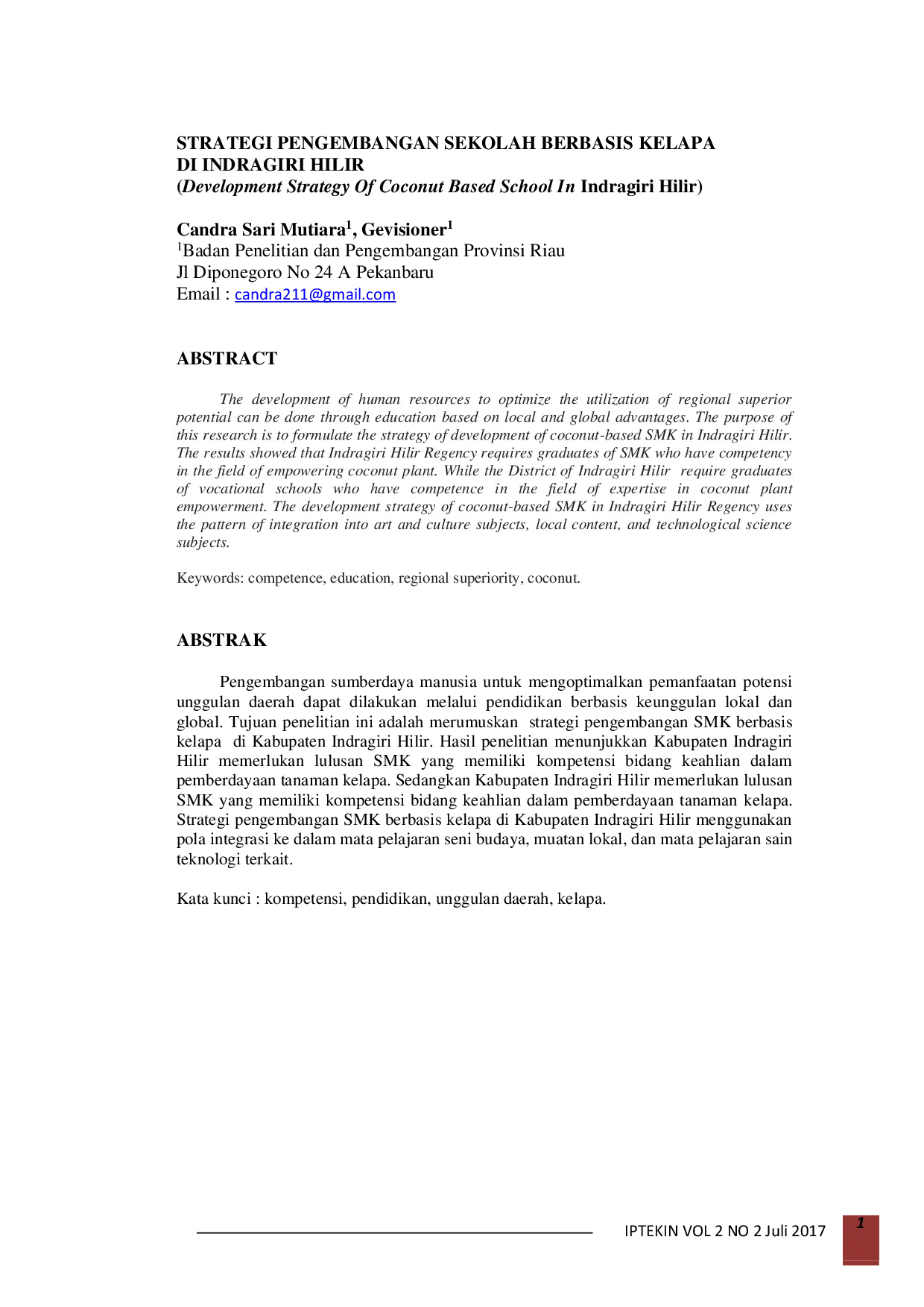 juris Development Strategy Of Coconut Based School In Indragiri Hilir