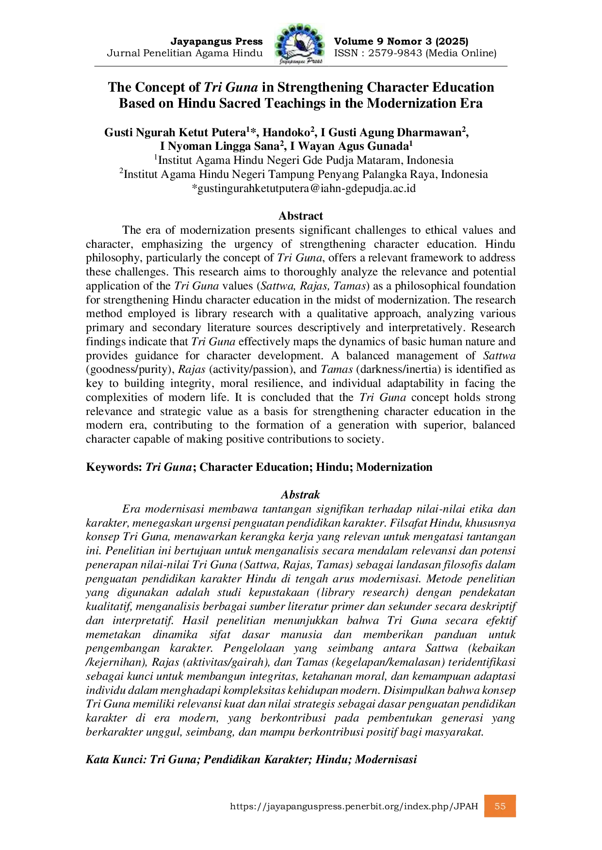 JURIS The Concept of Tri Guna in Strengthening Character Education Based on Hindu Sacred Teachings in the Modernization Era