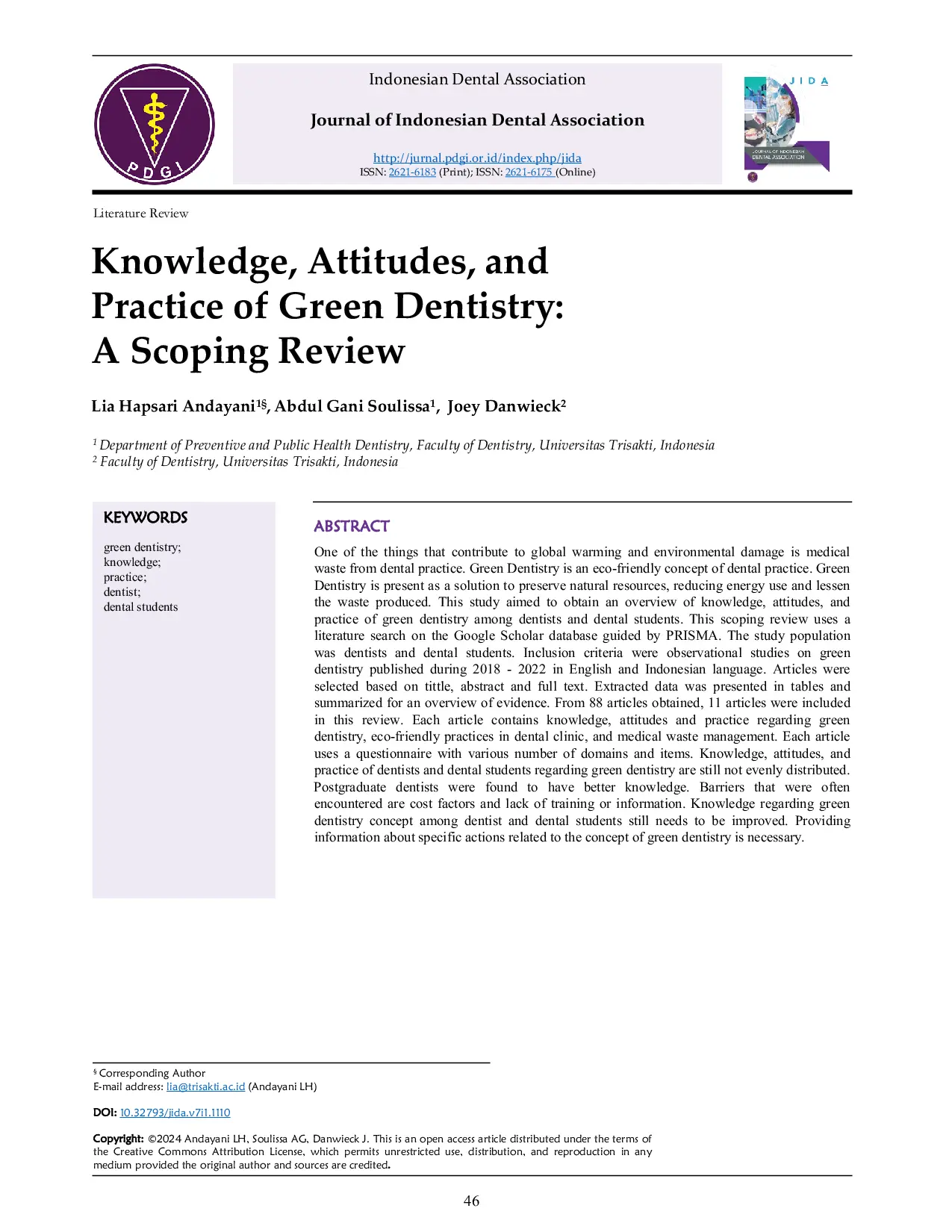 JURIS Knowledge Attitudes and Practice of Green Dentistry A Scoping Review