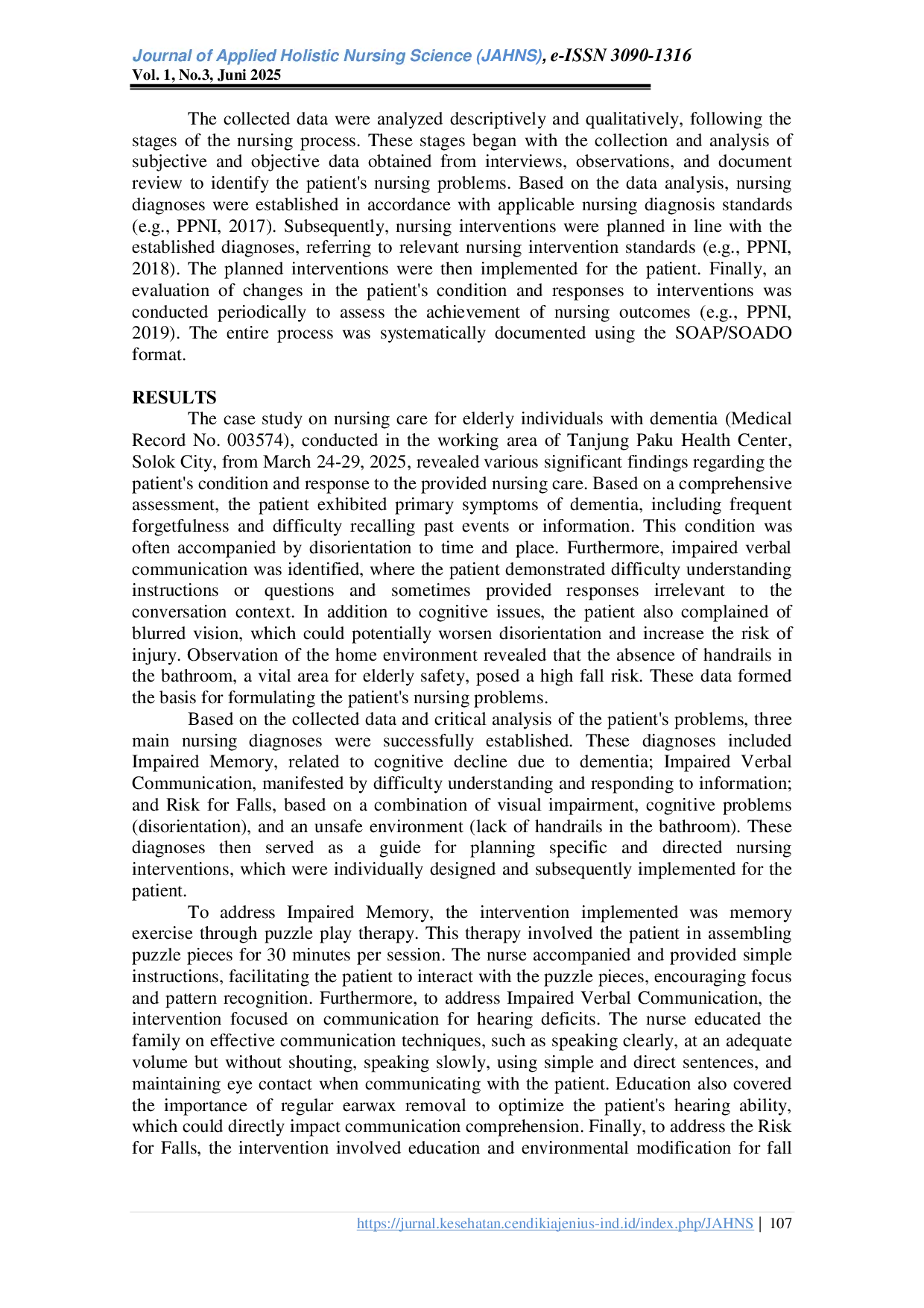 JURIS Nursing Care for the Elderly with Dementia A Case Study of Application in the Working Area of Tanjung Paku Health Center Solok City