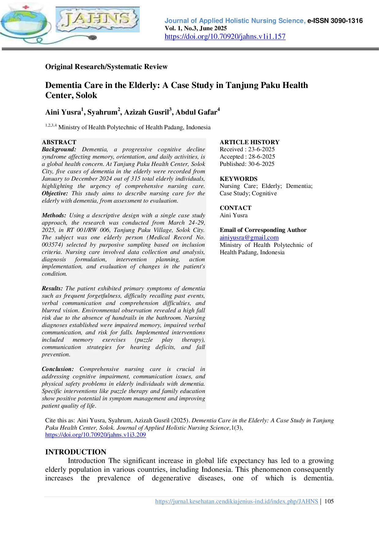 JURIS Nursing Care for the Elderly with Dementia A Case Study of Application in the Working Area of Tanjung Paku Health Center Solok City