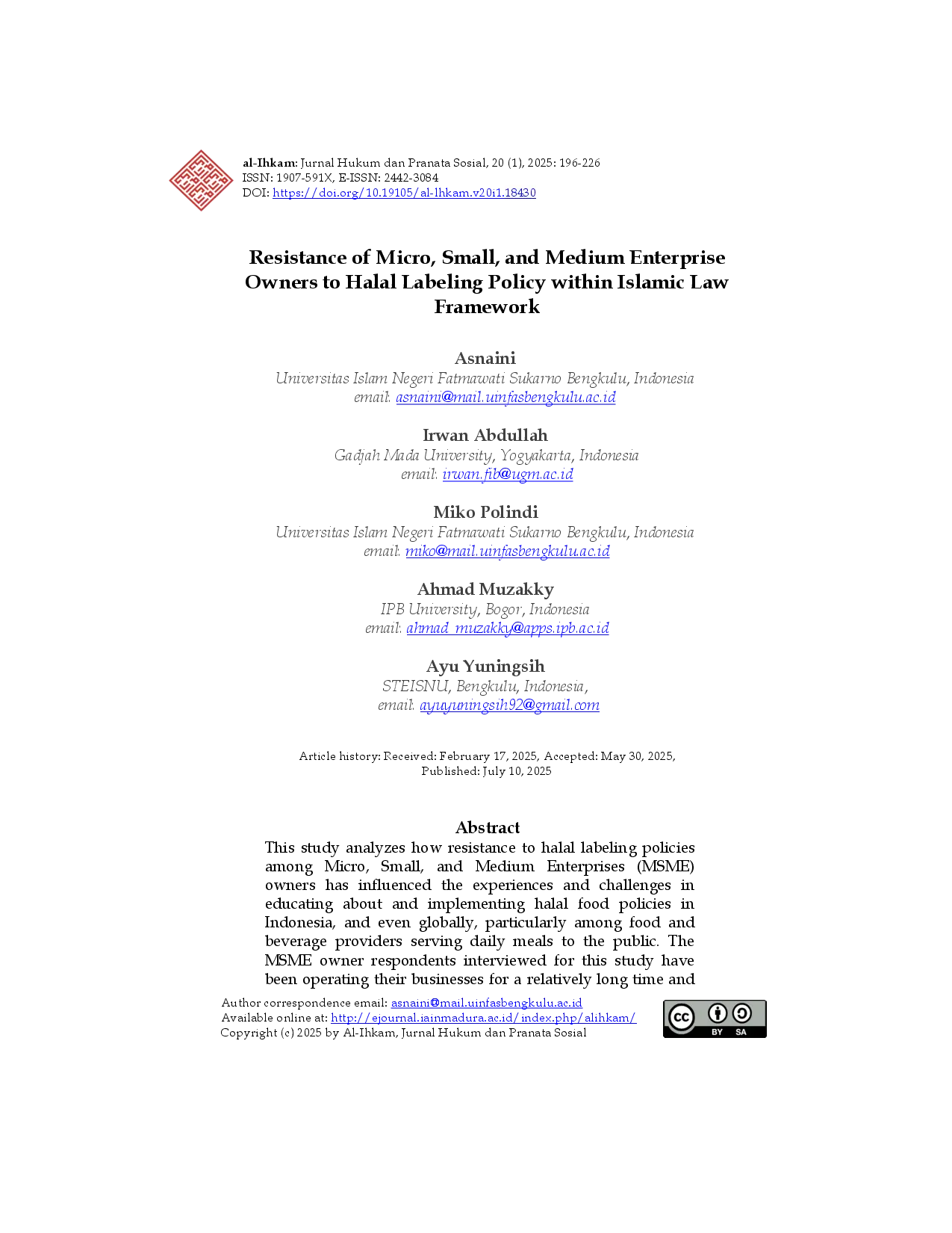 juris Resistance of Micro Small and Medium Enterprise Owners to Halal Labeling Policy within Islamic Law Framework
