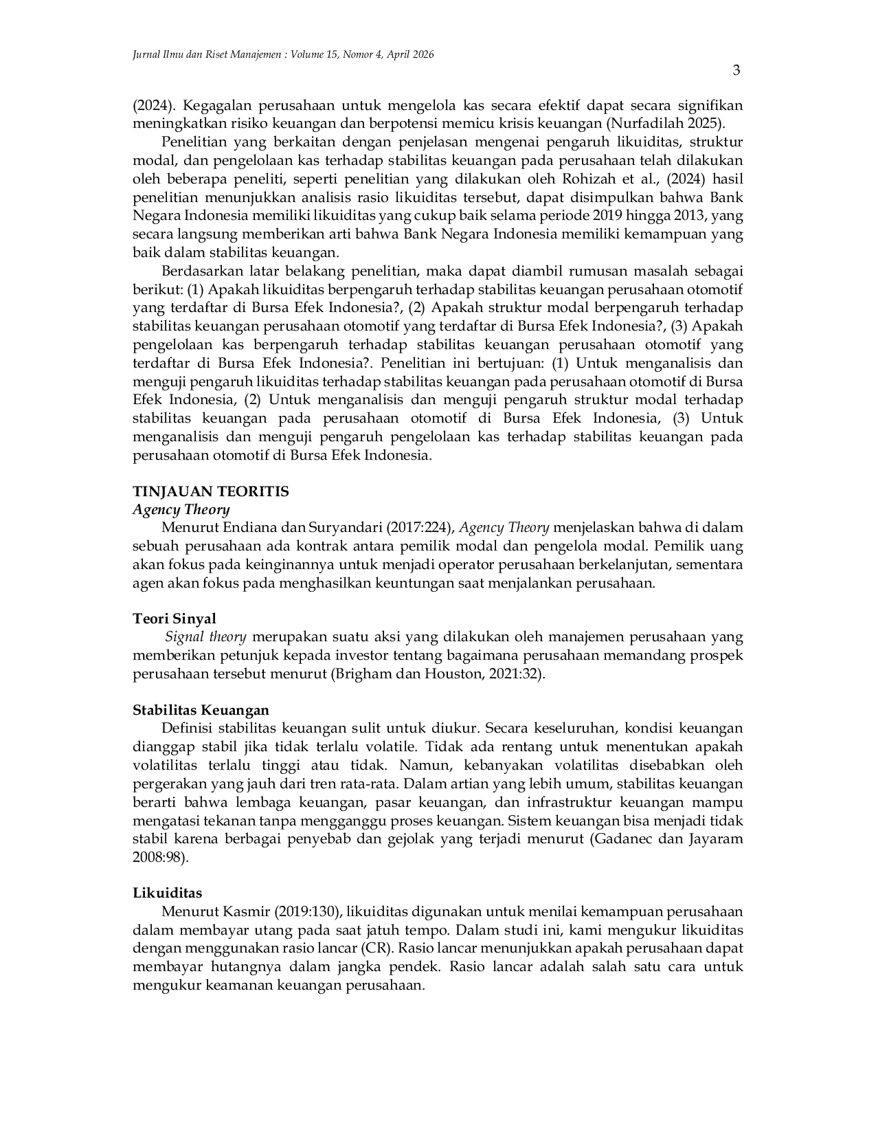 JURIS PENGARUH LIKUIDITAS STRUKTUR MODAL DAN PENGELOLAAN KAS TERHADAP STABILITAS KEUANGAN PADA PERUSAHAAN OTOMOTIF