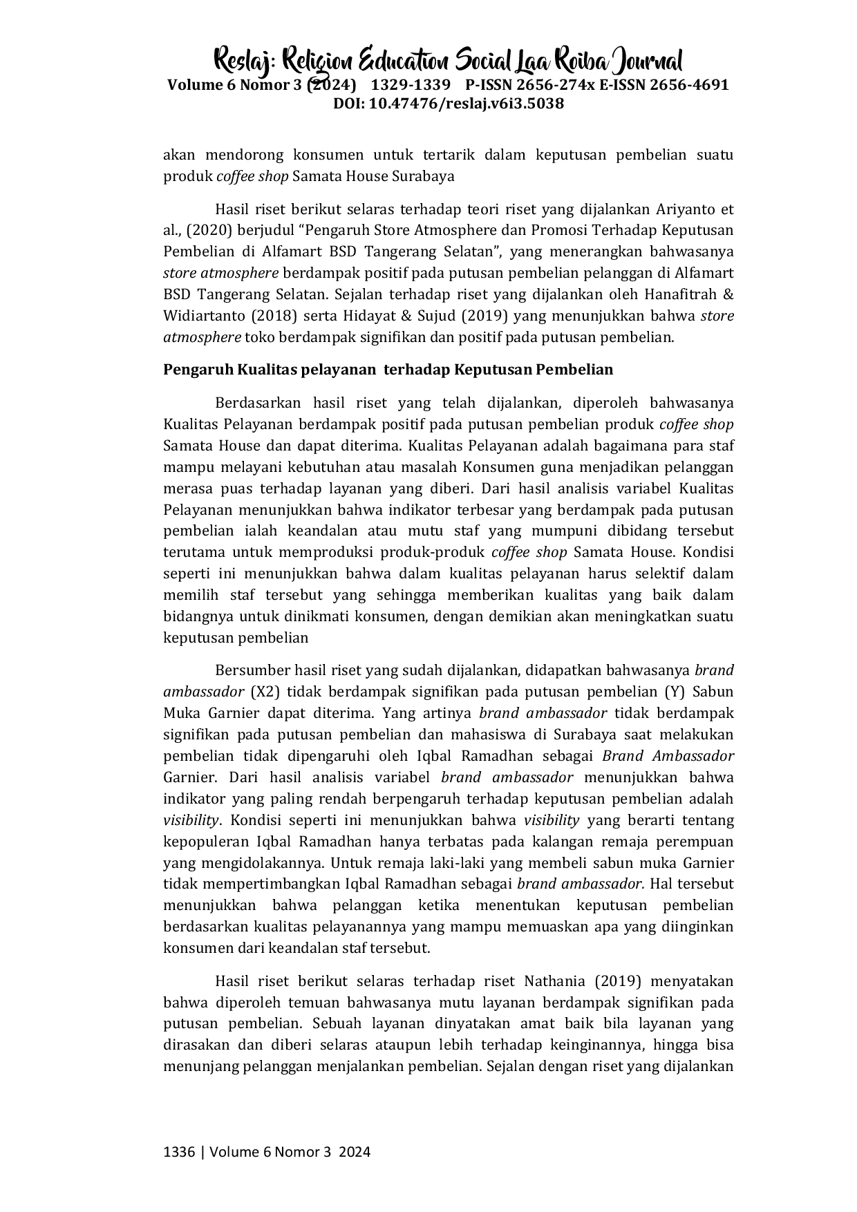 JURIS Pengaruh Store Atmosphere dan Kualitas Pelayanan terhadap Keputusan Pembelian di Coffeshop Samata House Surabaya