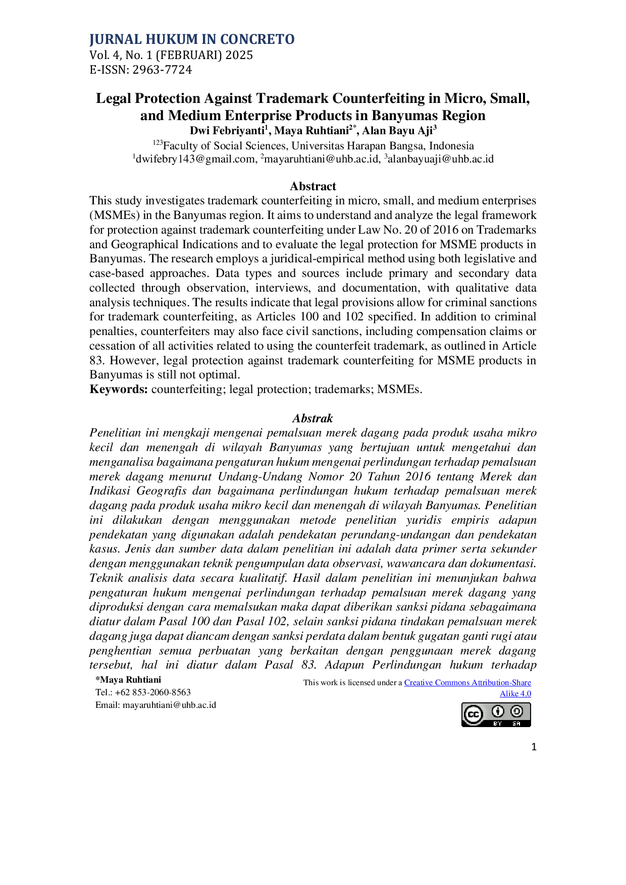 JURIS Legal Protection Against Trademark Counterfeiting in Micro Small and Medium Enterprise Products in Banyumas Region