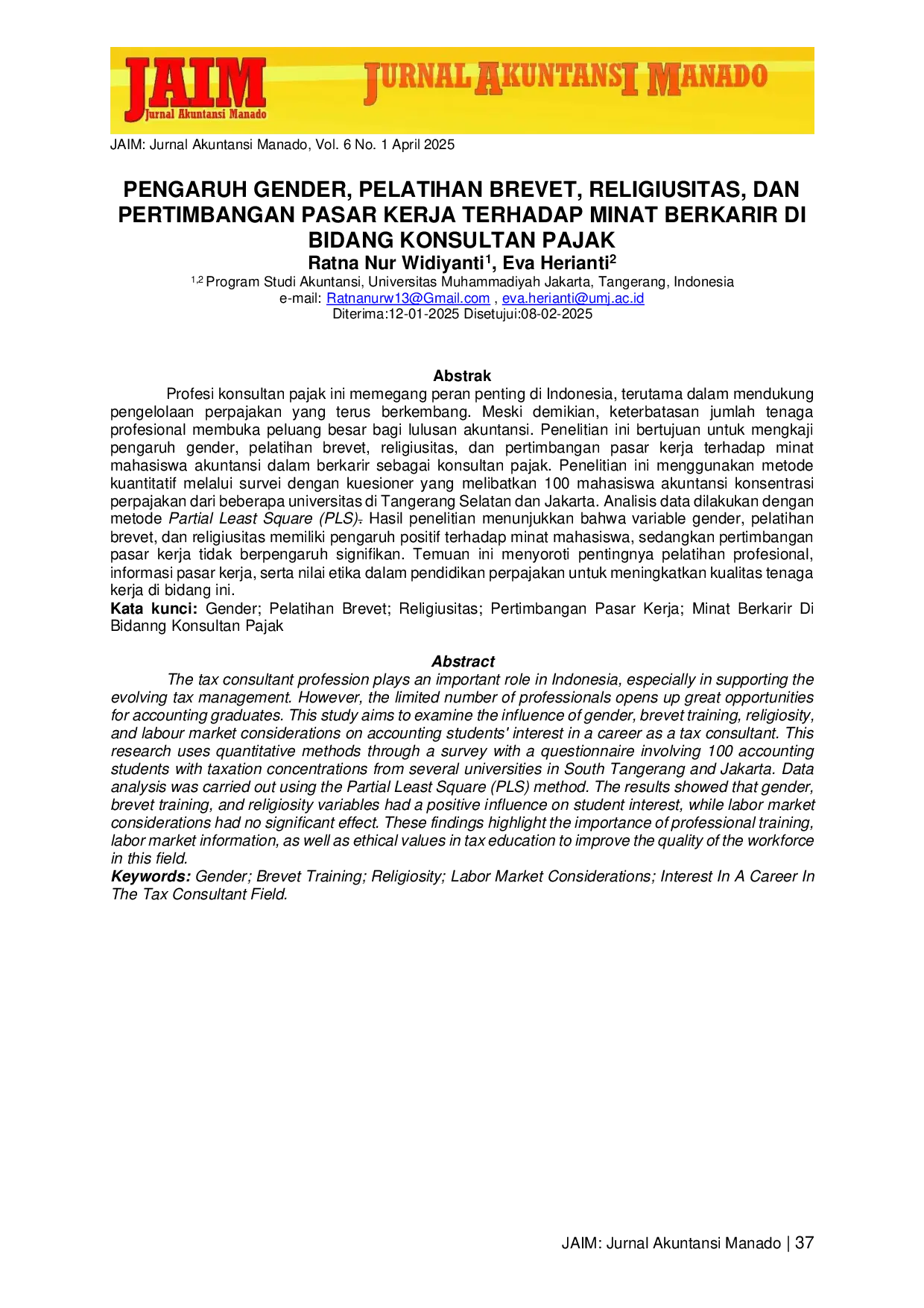 JURIS Pengaruh Gender Pelatihan Brevet Religiusitas Dan Pertimbangan Pasar Kerja Terhadap Minat Berkarir Di Bidang Konsultan Pajak