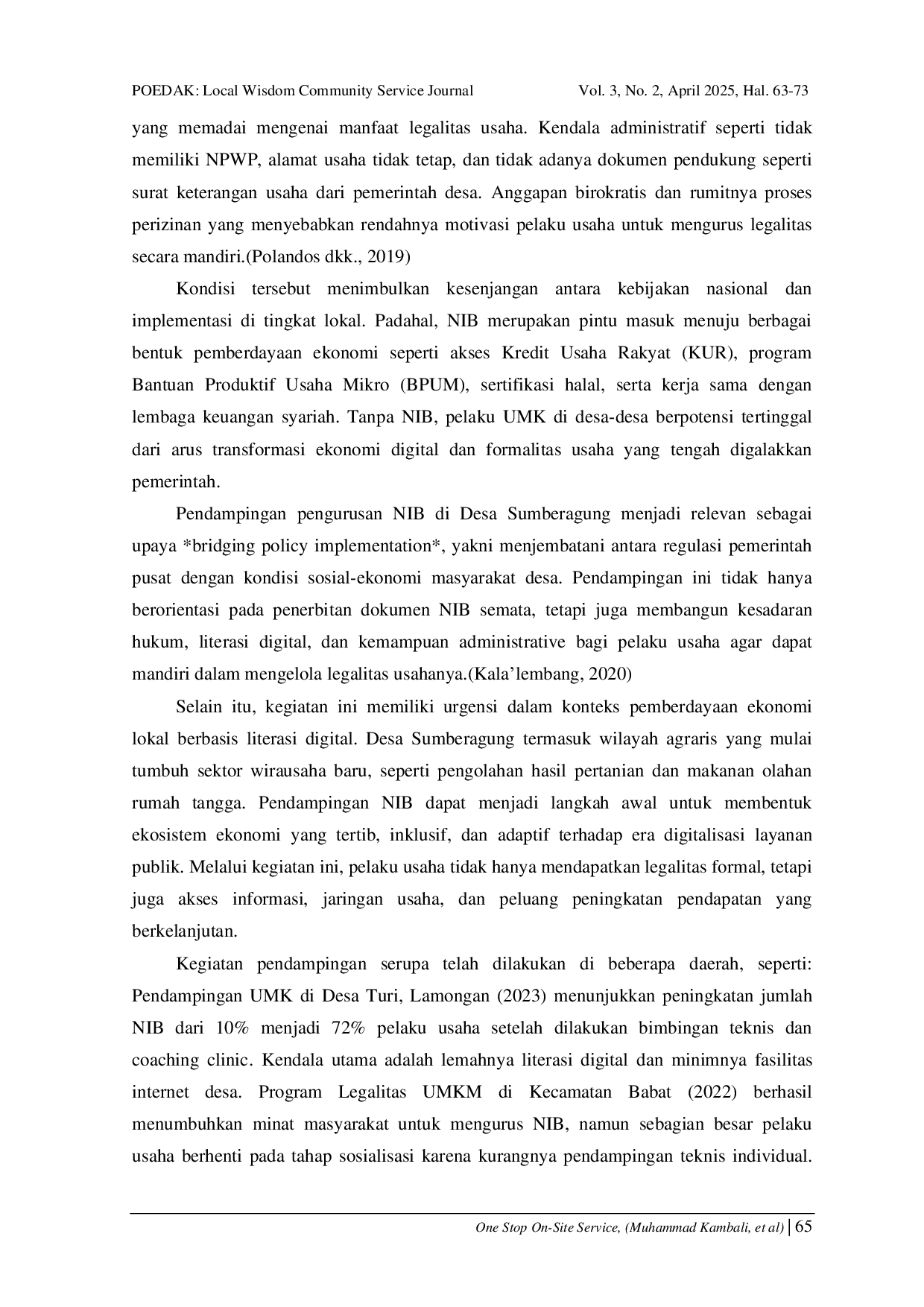 JURIS One Stop On Site Service Assistance for Business Identification Number NIB Management of Micro and Small Business Actors in Sumberagung Mantup Lamongan Village