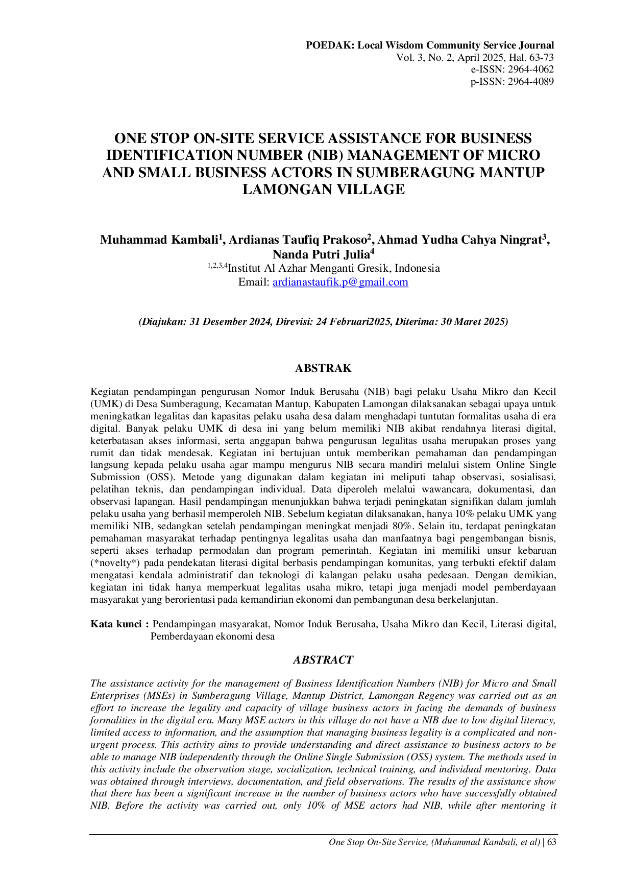 JURIS One Stop On Site Service Assistance for Business Identification Number NIB Management of Micro and Small Business Actors in Sumberagung Mantup Lamongan Village