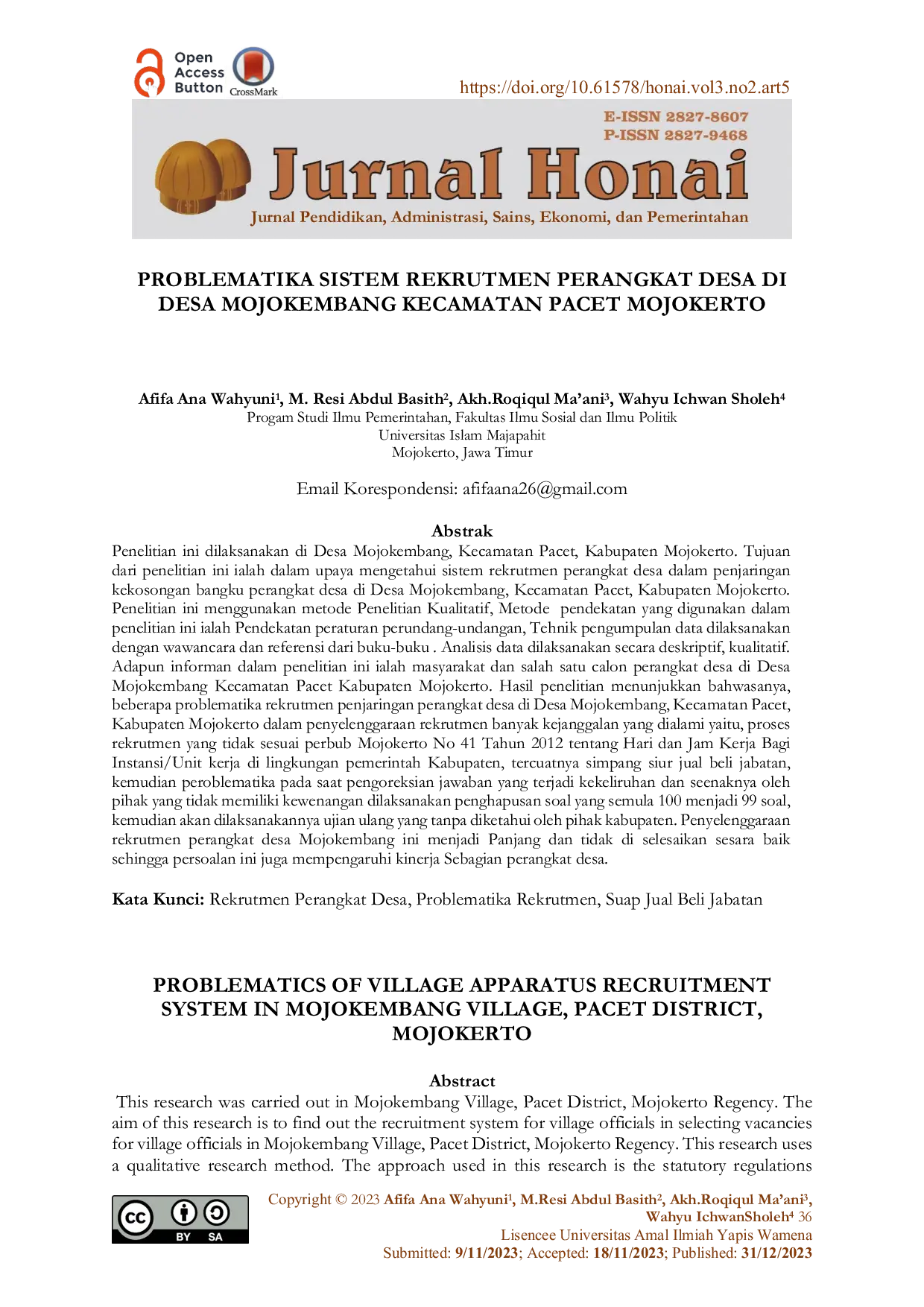 JURIS Problematika Sistem Rekrutmen Perangkat Desa di Desa Mojokembang Kecamatan Pacet Mojokerto