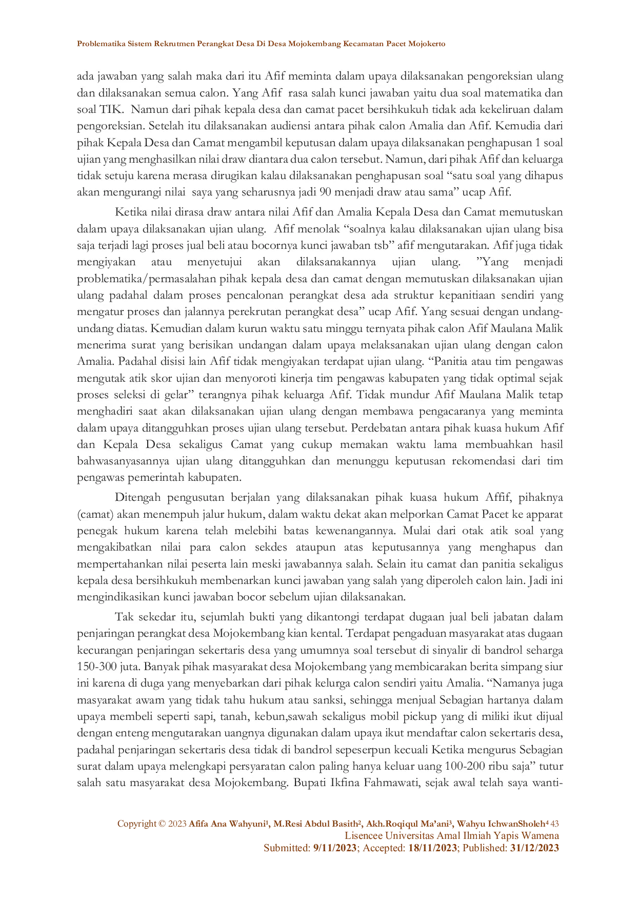 JURIS Problematika Sistem Rekrutmen Perangkat Desa di Desa Mojokembang Kecamatan Pacet Mojokerto