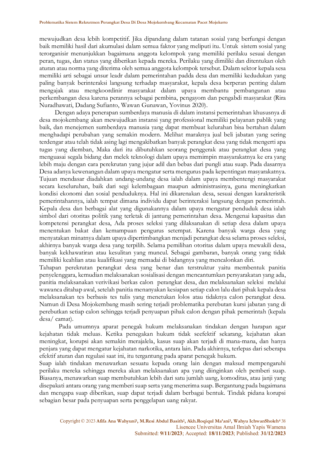 JURIS Problematika Sistem Rekrutmen Perangkat Desa di Desa Mojokembang Kecamatan Pacet Mojokerto