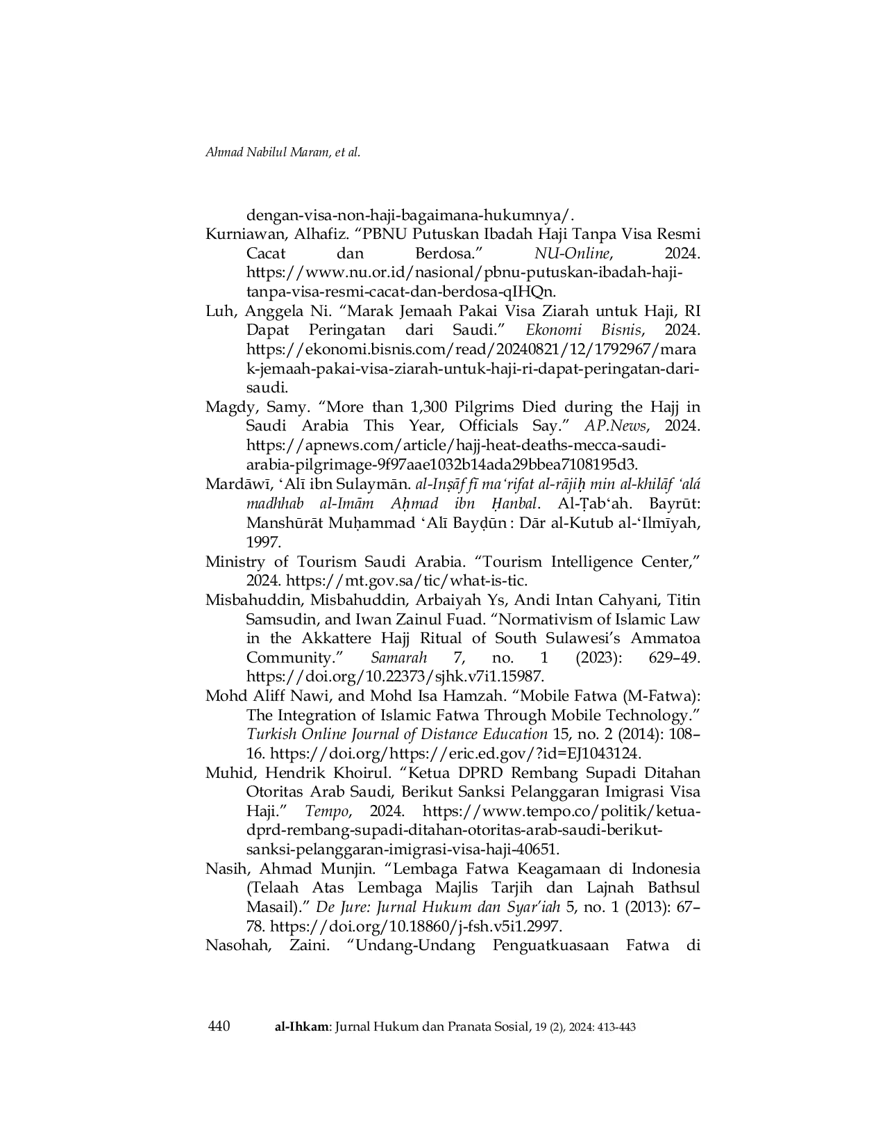 JURIS FatwA on The Ruling of Hajj Without Tarh The Case of Indonesian Hajj Pilgrims in 2024