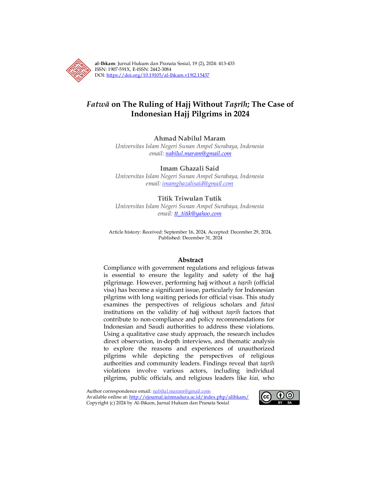 JURIS FatwA on The Ruling of Hajj Without Tarh The Case of Indonesian Hajj Pilgrims in 2024