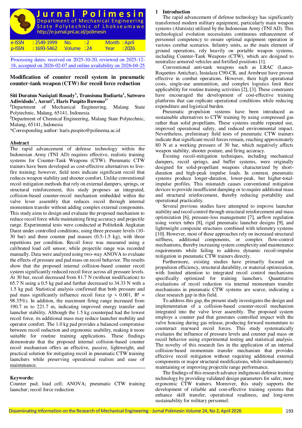 JURIS Modification of counter recoil system in pneumatic counter tank weapon CTW for recoil force reduction