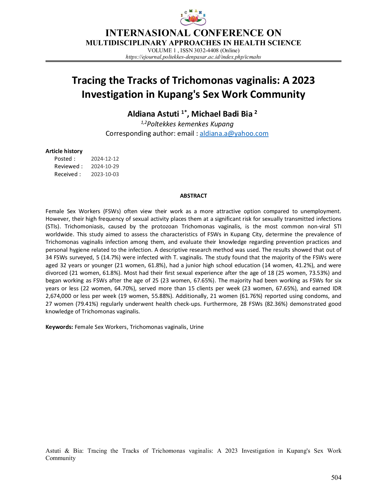 JURIS Tracing the Tracks of Trichomonas vaginalis A 2023 Investigation in Kupang s Sex Work Community
