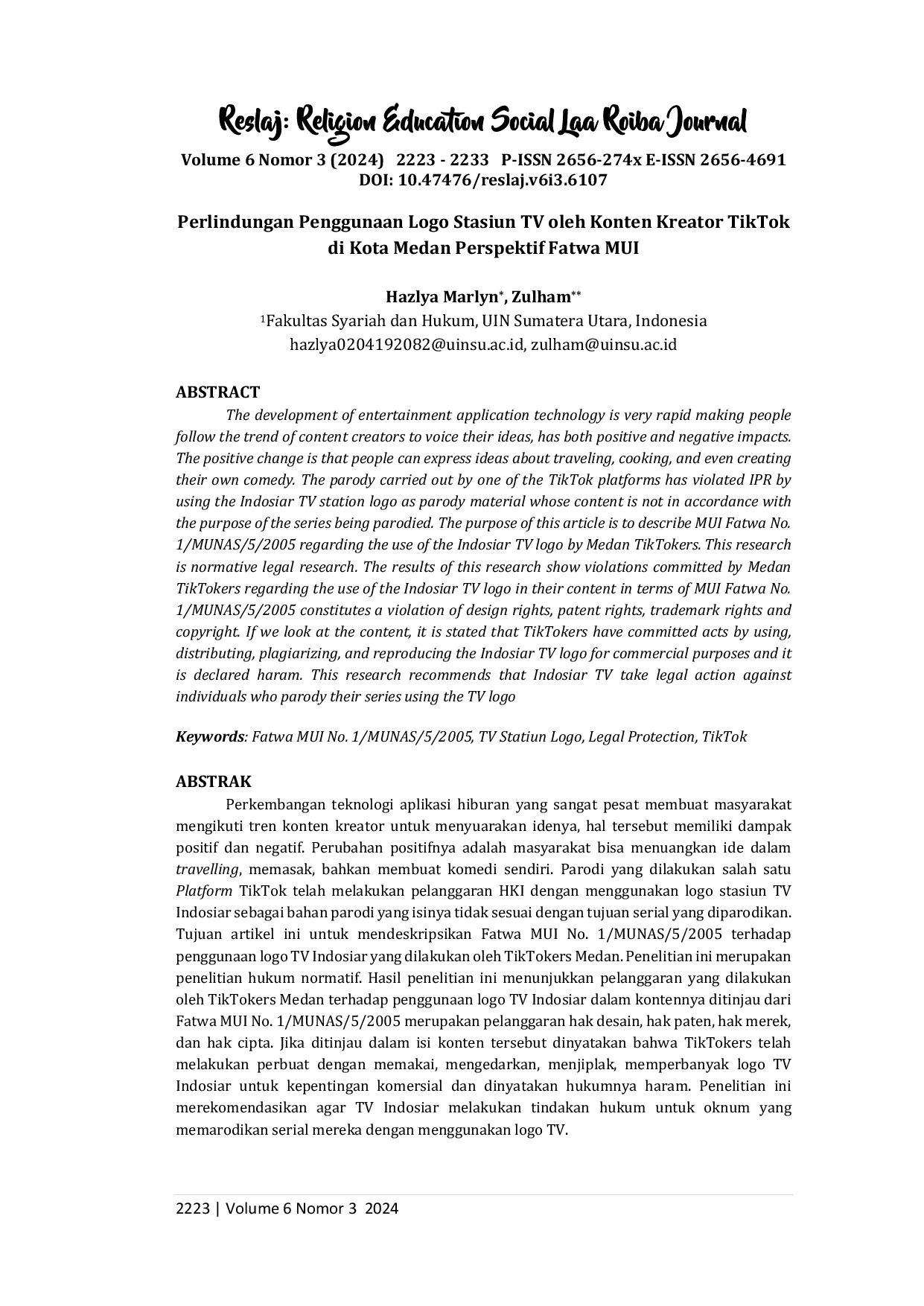 JURIS Perlindungan Penggunaan Logo Stasiun TV oleh Konten Kreator Tiktok di Kota Medan Perspektif Fatwa MUI