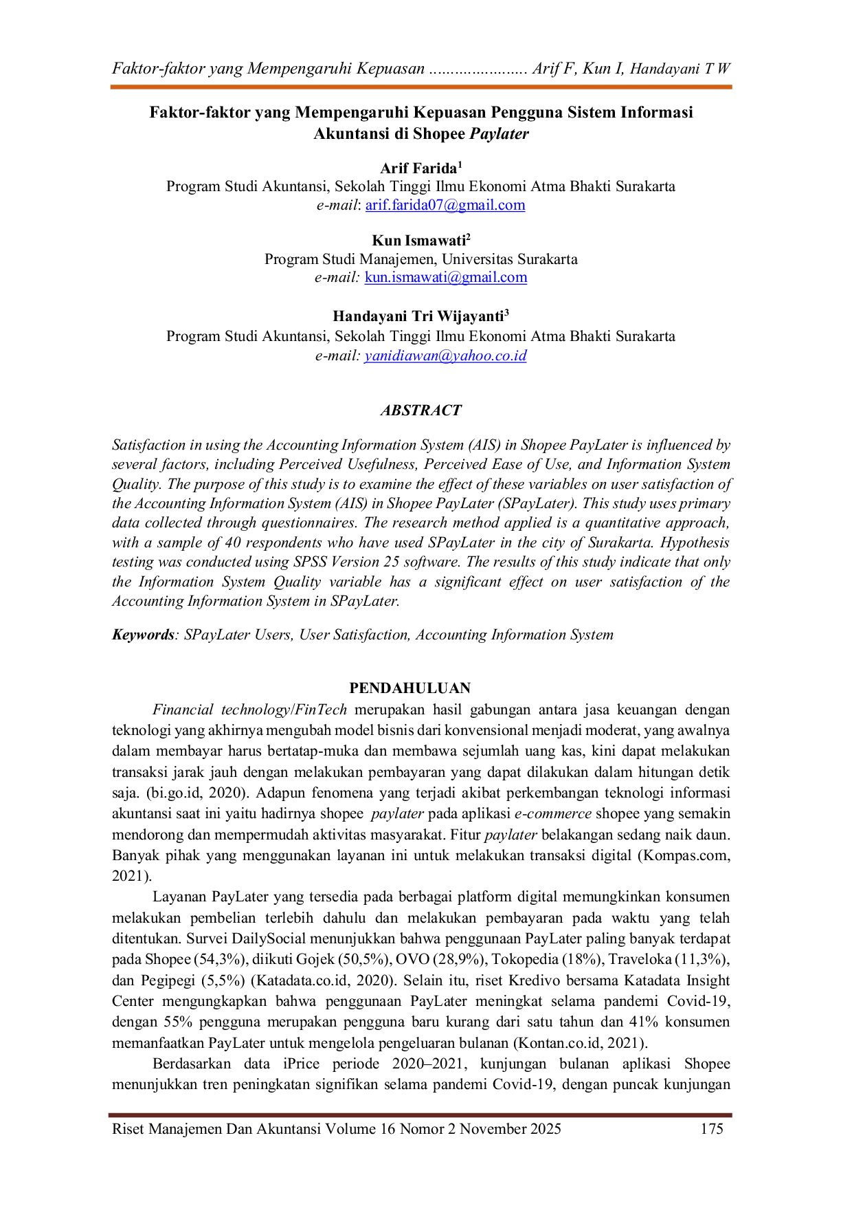 JURIS Faktor faktor yang Mempengaruhi Kepuasan Pengguna Sistem Informasi Akuntansi di Shopee Paylater