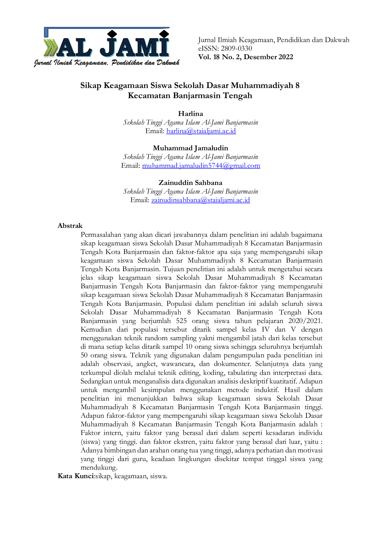JURIS Sikap Keagamaan Siswa Sekolah Dasar Muhammadiyah 8 Kecamatan Banjarmasin Tengah