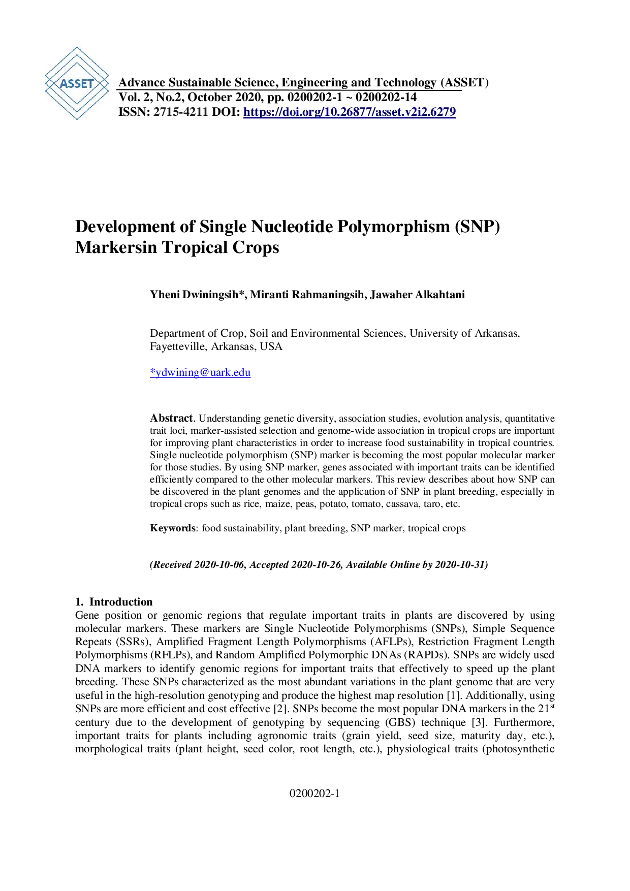 juris Development of Single Nucleotide Polymorphism SNP Markers in Tropical Crops