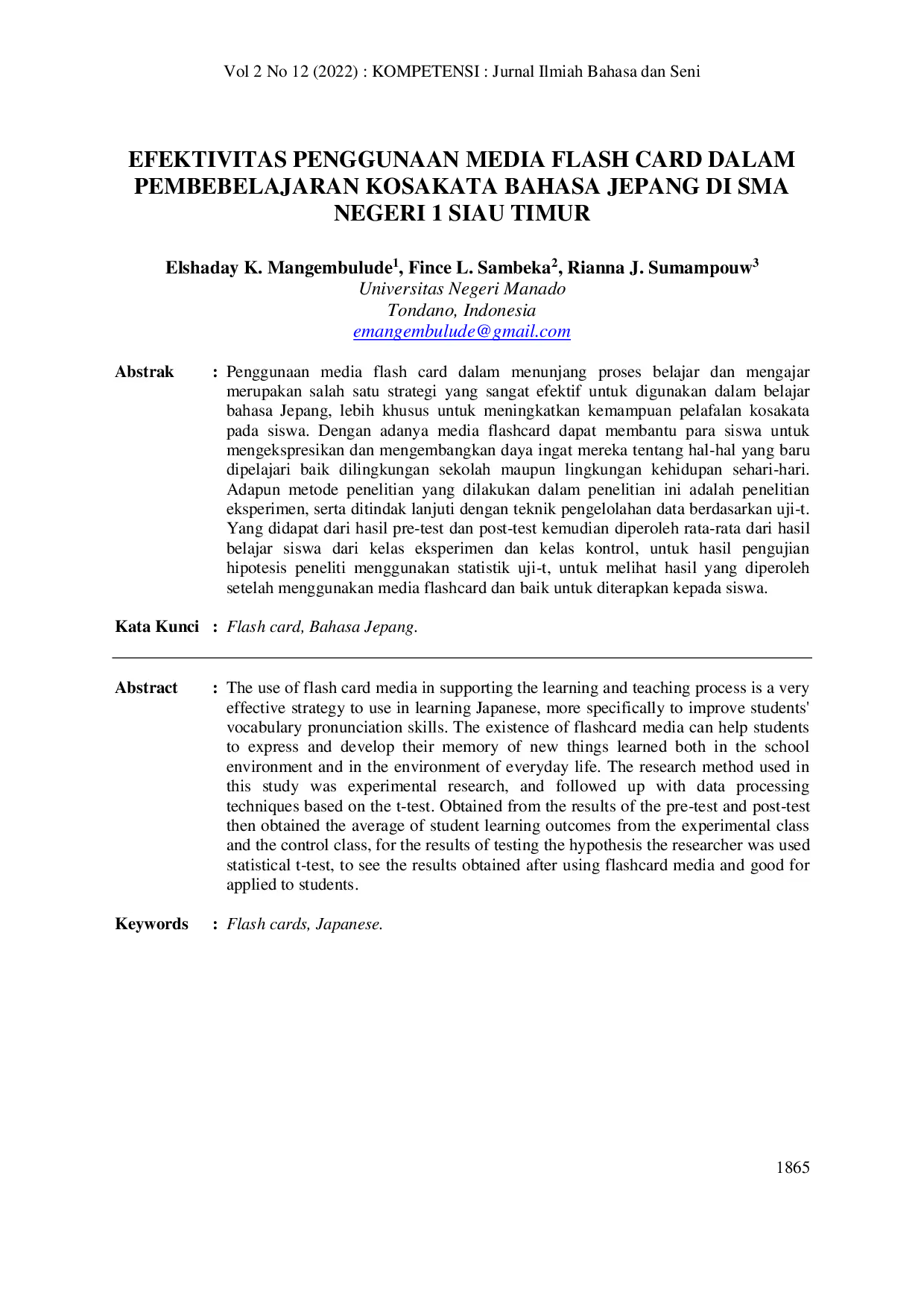 JURIS Efektivitas Penggunaan Media Flash Card Dalam Pembelajaran Kosakata Bahasa Jepang Di Sma Negeri 1 Siau Timur