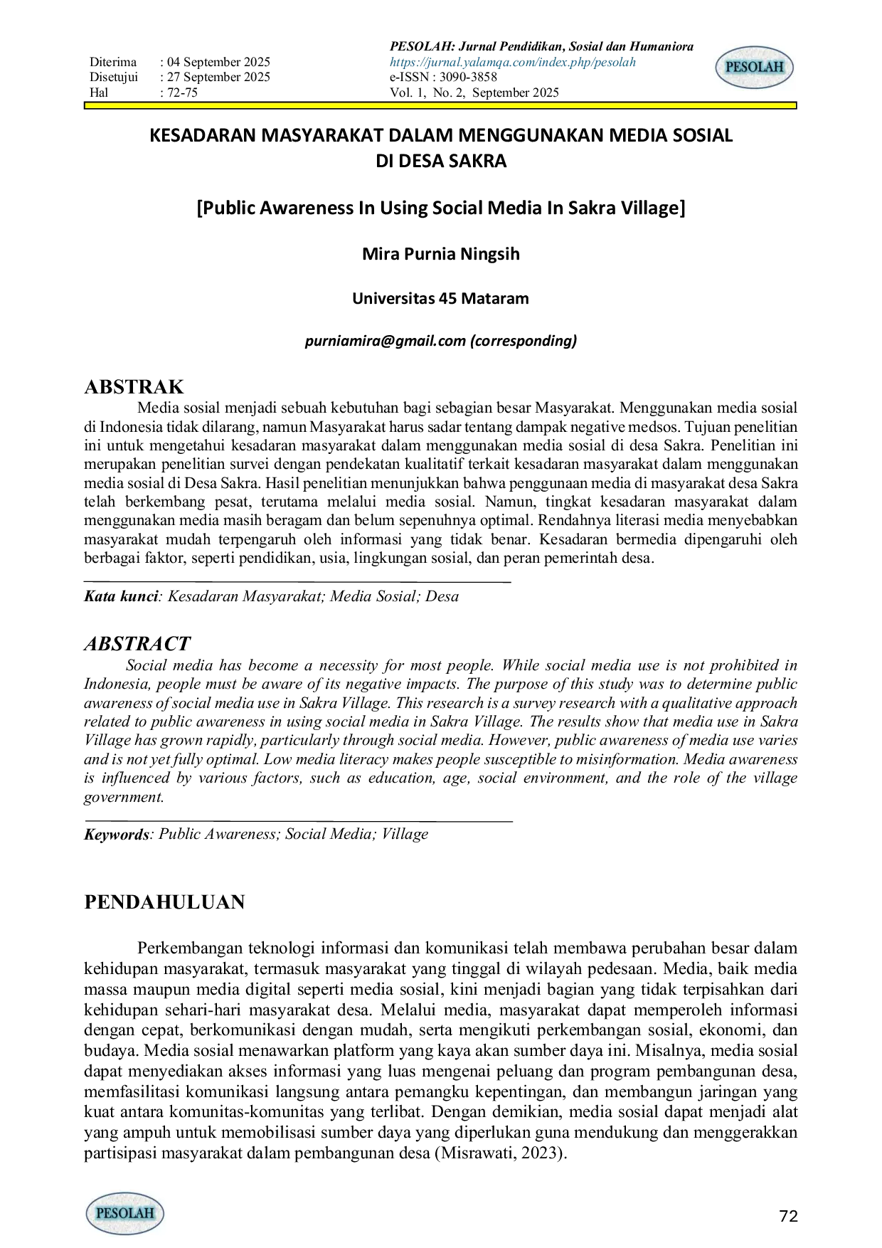 JURIS KESADARAN MASYARAKAT DALAM MENGGUNAKAN MEDIA SOSIAL DI DESA SAKRA Public Awareness In Using Social Media In Sakra Village