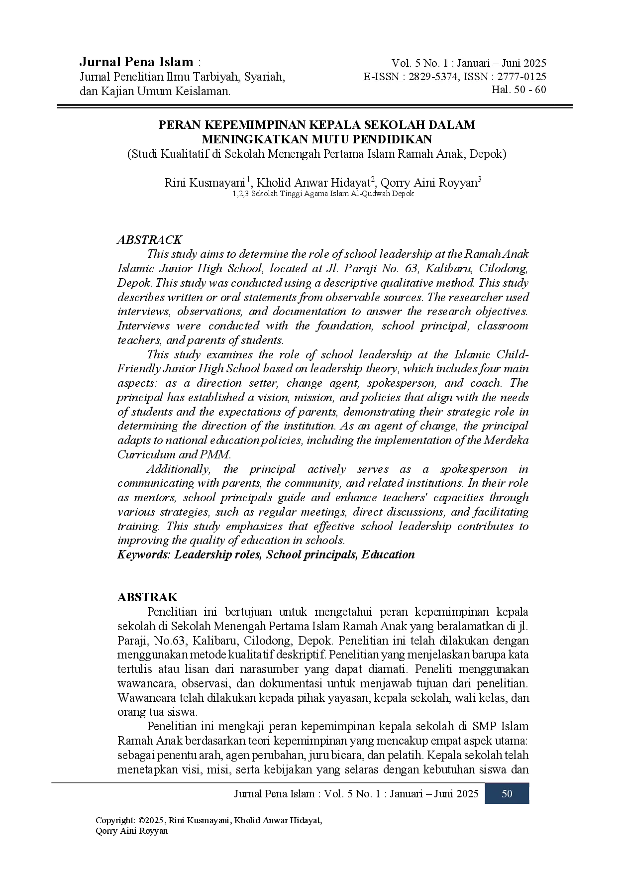 juris PERAN KEPEMIMPINAN KEPALA SEKOLAH DALAM MENINGKATKAN MUTU PENDIDIKAN Studi Kualitatif di Sekolah Menengah Pertama Islam Ramah Anak Depok