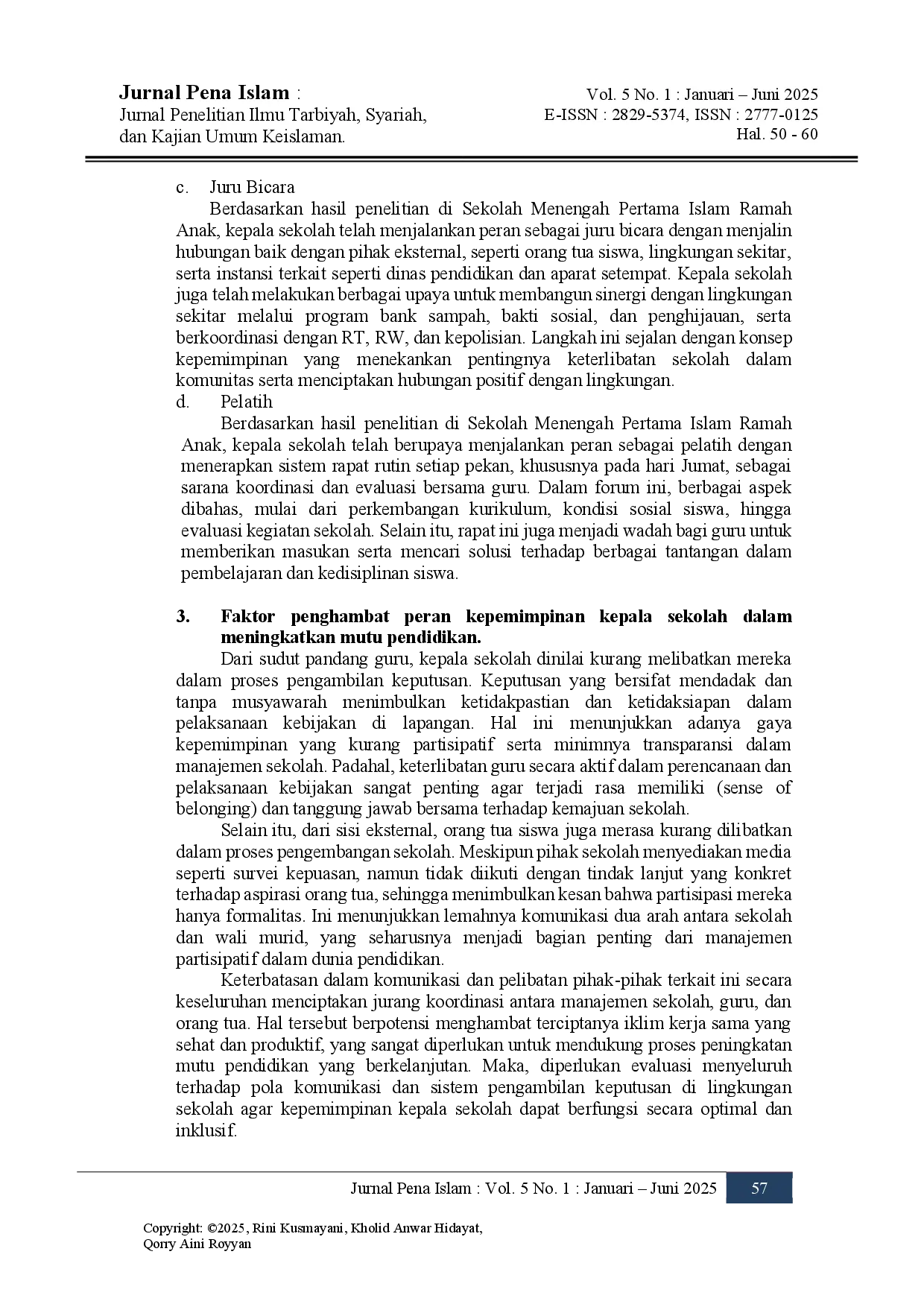 juris PERAN KEPEMIMPINAN KEPALA SEKOLAH DALAM MENINGKATKAN MUTU PENDIDIKAN Studi Kualitatif di Sekolah Menengah Pertama Islam Ramah Anak Depok