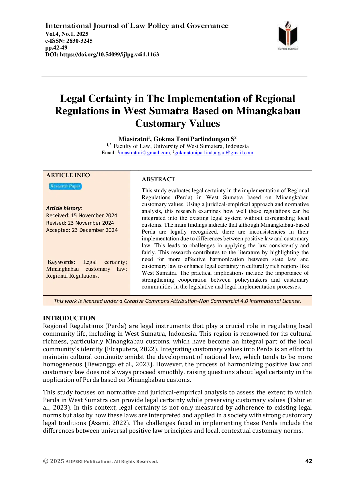 JURIS Legal Certainty in The Implementation of Regional Regulations in West Sumatra Based on Minangkabau Customary Values