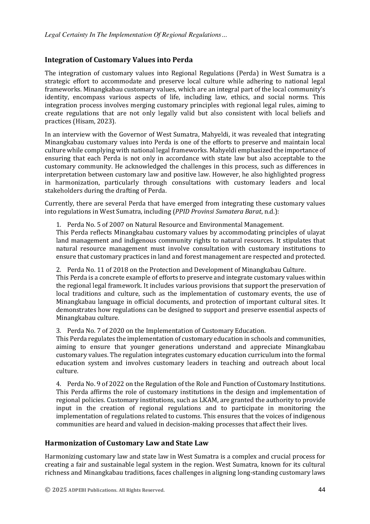 JURIS Legal Certainty in The Implementation of Regional Regulations in West Sumatra Based on Minangkabau Customary Values